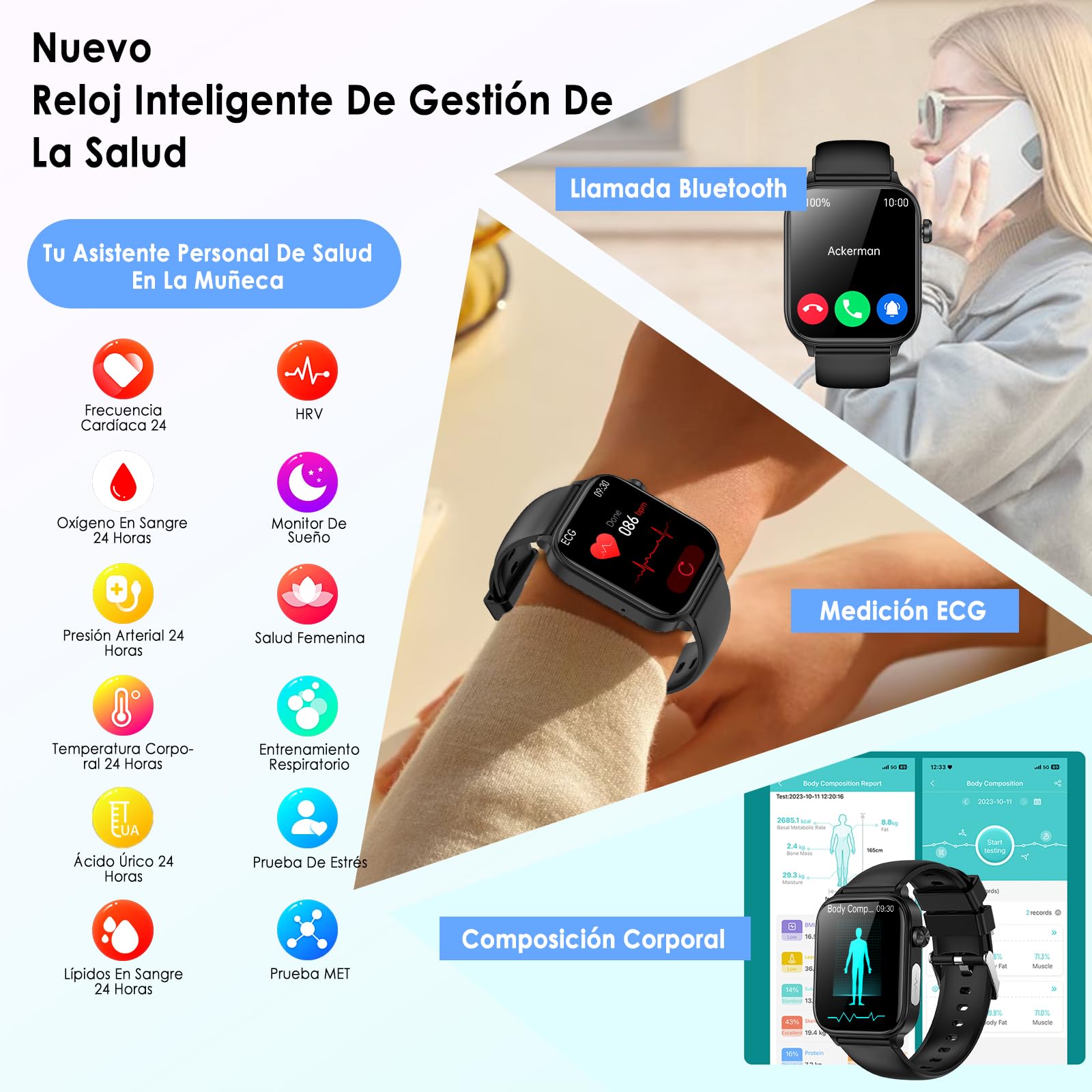 Nuevo Reloj inteligente con ECG+HRV/Tension Arterial/Sueño/IMC/SpO2/SOS