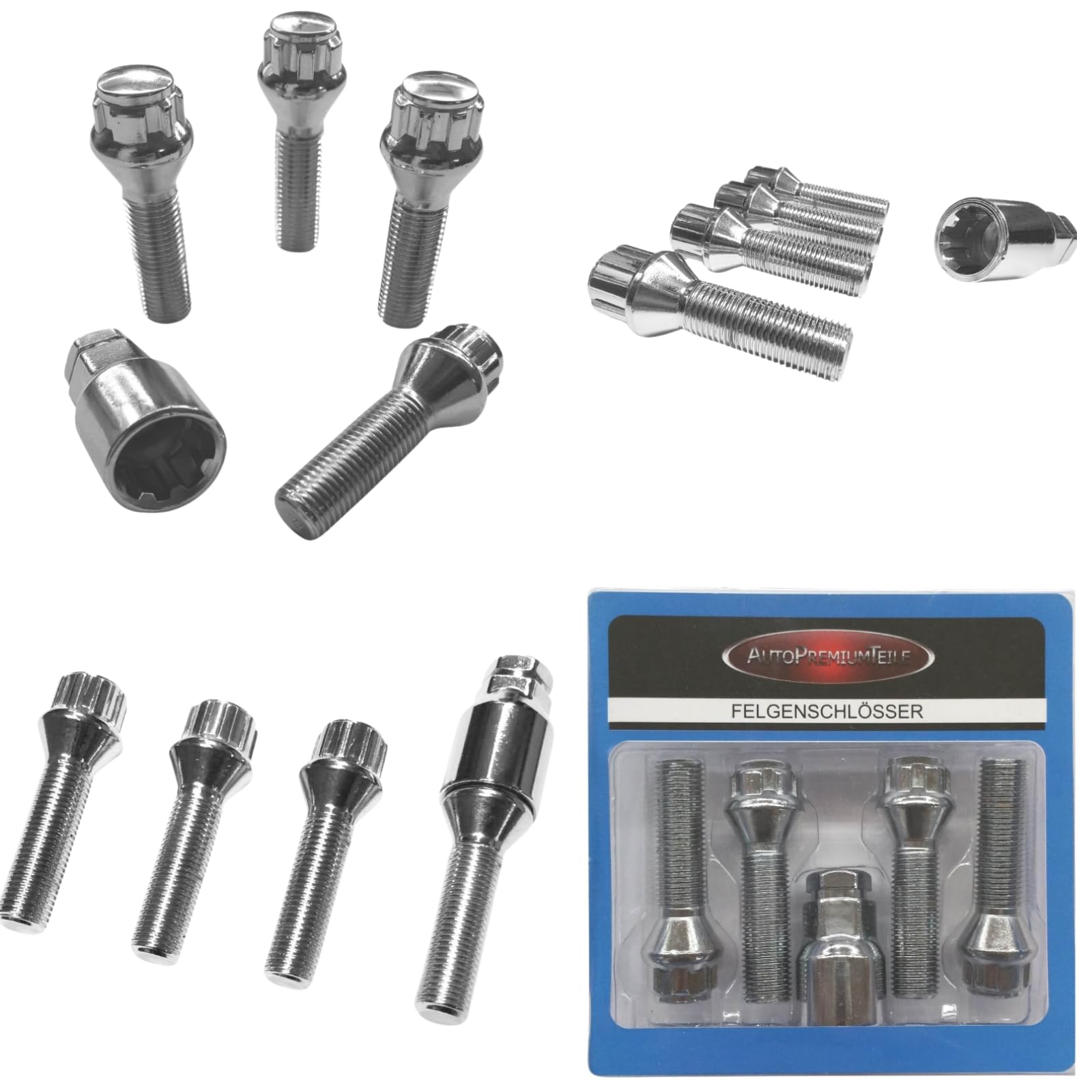 Blokada do felg M14 x 1,5 x 43 mm, taśma stożkowa 60°, 4 srebrne zamki felg, zestaw 4 sztuk, zabezpieczenie felg, zabezpieczenie przed kradzieżą, zabezpieczenie kół, śruby kół