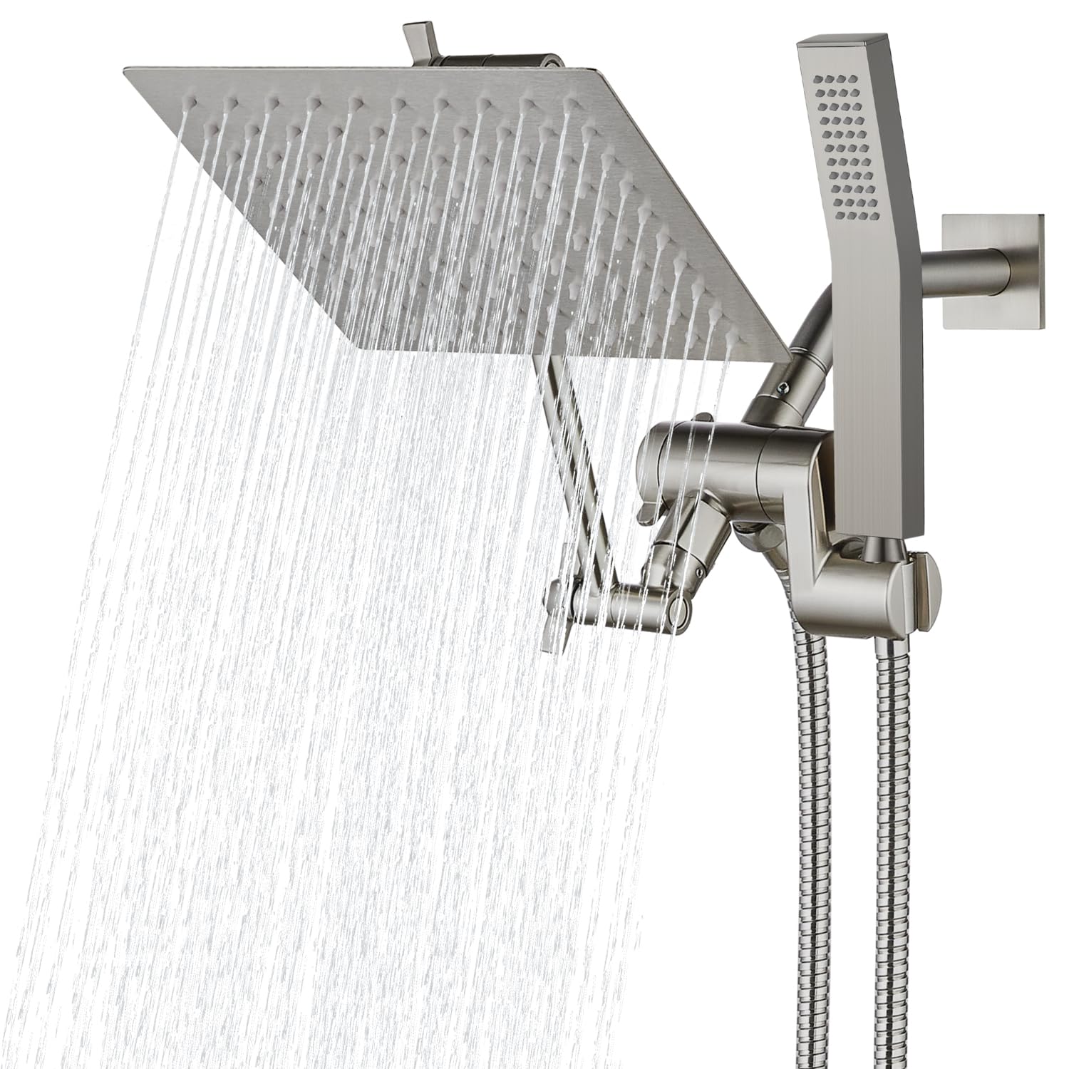 Cinwiny 8” Rain Shower Head with Handheld Combo Square Dual Rainfall Shower Head with Handheld Spray, 71" Extra Long Flexible Hose,3-Way Diverter, Adjustable Extension Arm,Brushed Nickel