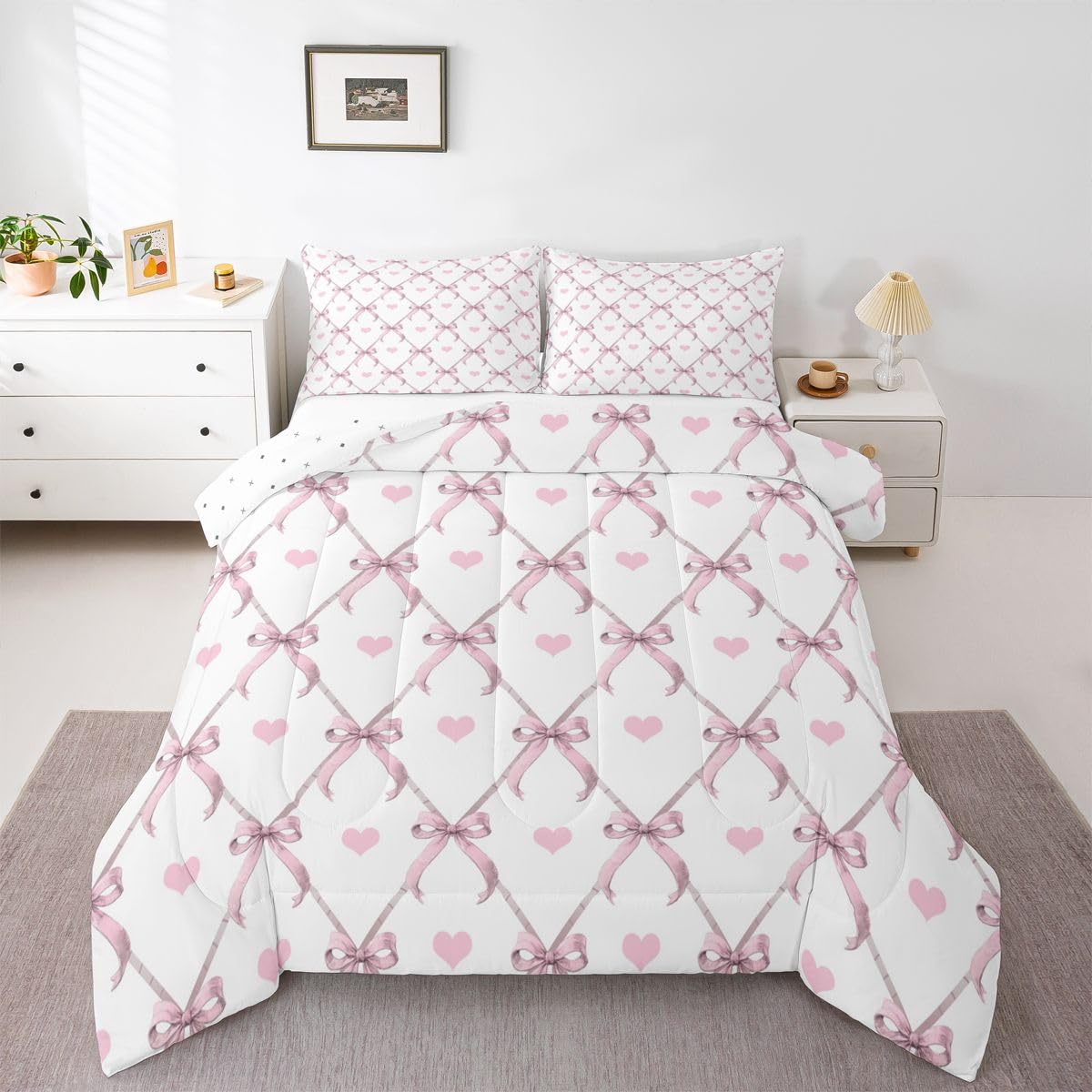 Erosebridal Pink Bowknot Comforter Set Queen Size Girly Bow Bedding Set for Adutls Men Women Love Cute Heart Tie Comforter Valentine's Day Heart Quilt Bedroom Decor