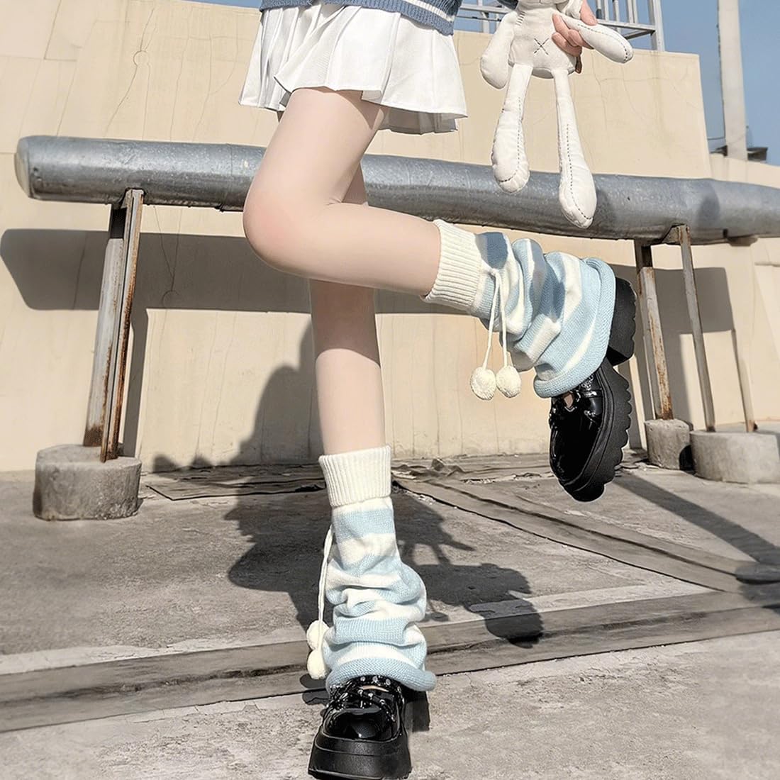 Grunge Kawaii Stylish Gothic Y2K Accessories Knitted Knee High Long Fluffy Balls Decor Striped Leg Warmers - Image 5