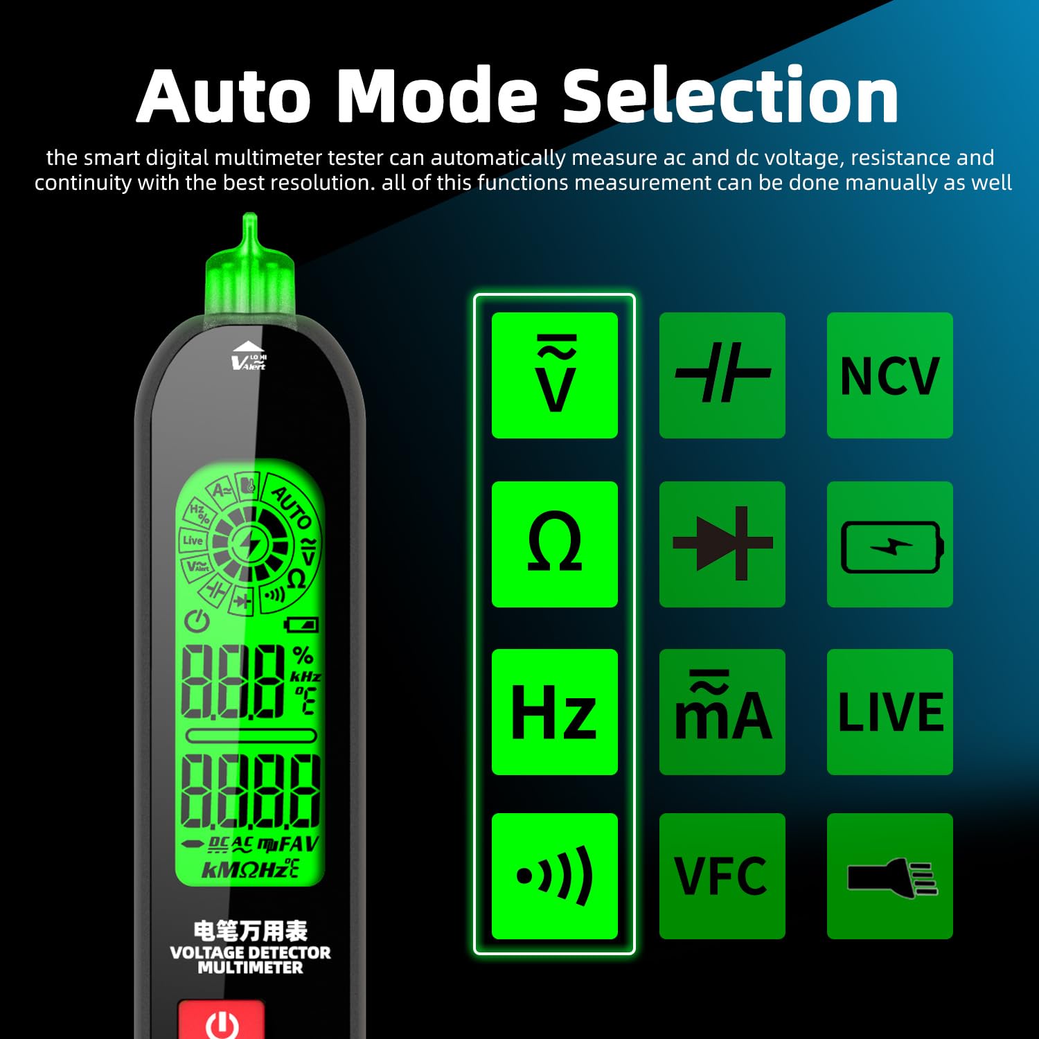 BSIDE S6 Probador de Voltaje Recargable Detector Corriente Eléctrica con Triple Display VFD Bolígrafo Multímetro Automático para Corriente/Voltaje AC DC Ohm Hz y Continuidad Voltímetro Capacimetro