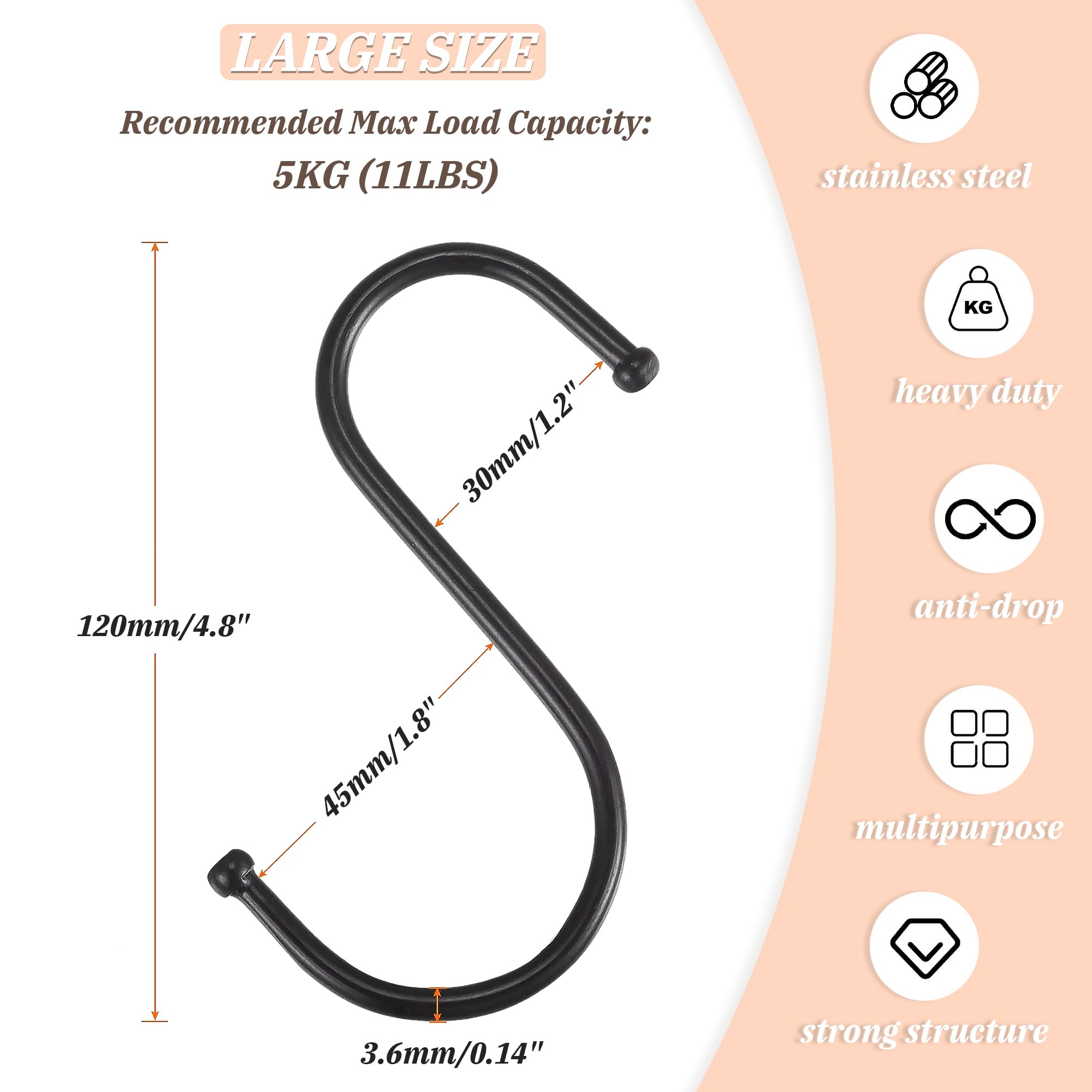 GEMMAHW 12CM Large S Hooks (20-Pack), Black Metal Hanging Hooks for Kitchen Bathroom, Garden, Sturdy Utensils - Image 2