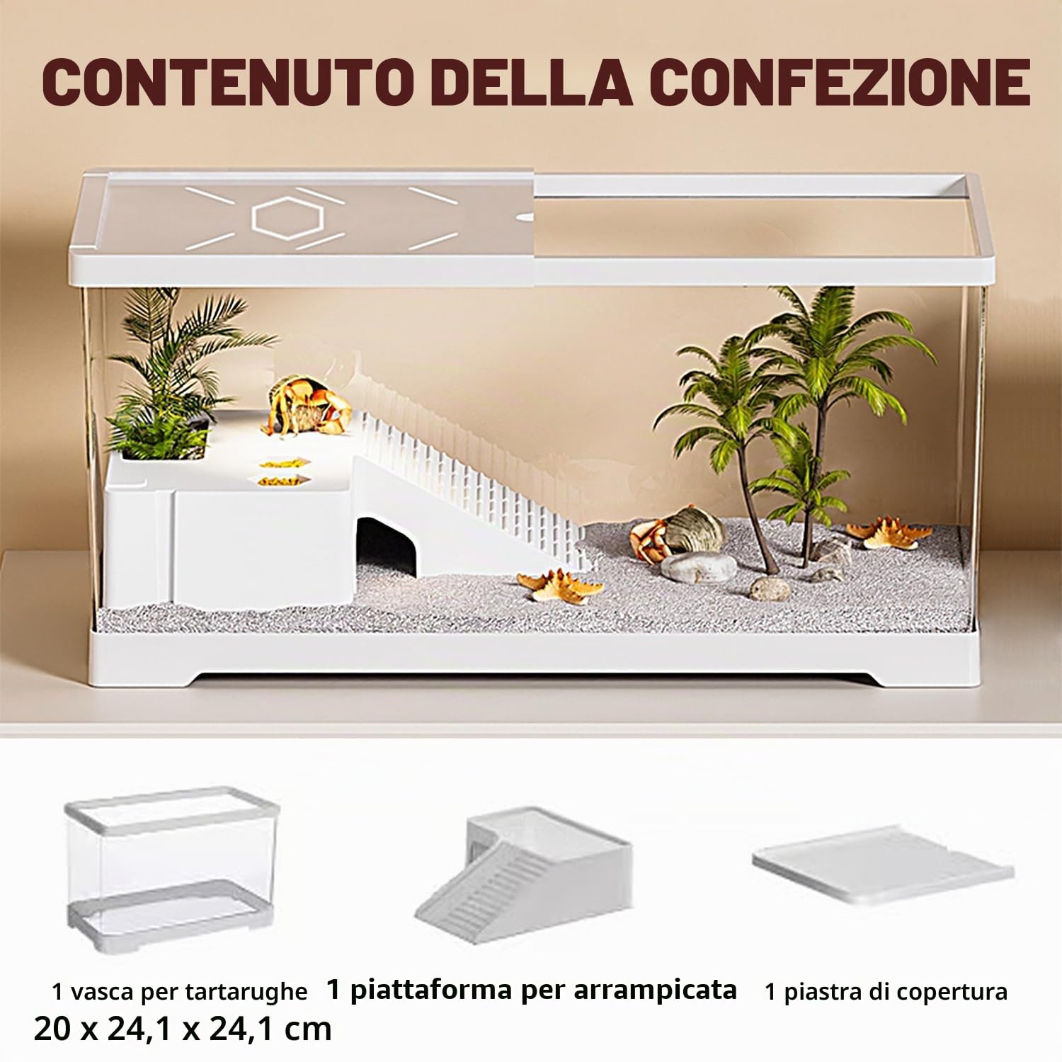 Turtle Fish Tank con piattaforma per crogiolarsi e drenaggio del fondo, 20 "x 9,5" x 9,5 "Acquario Turtle Tank per tartarughe giovani, gamberi, granchi, anfibi, rettili