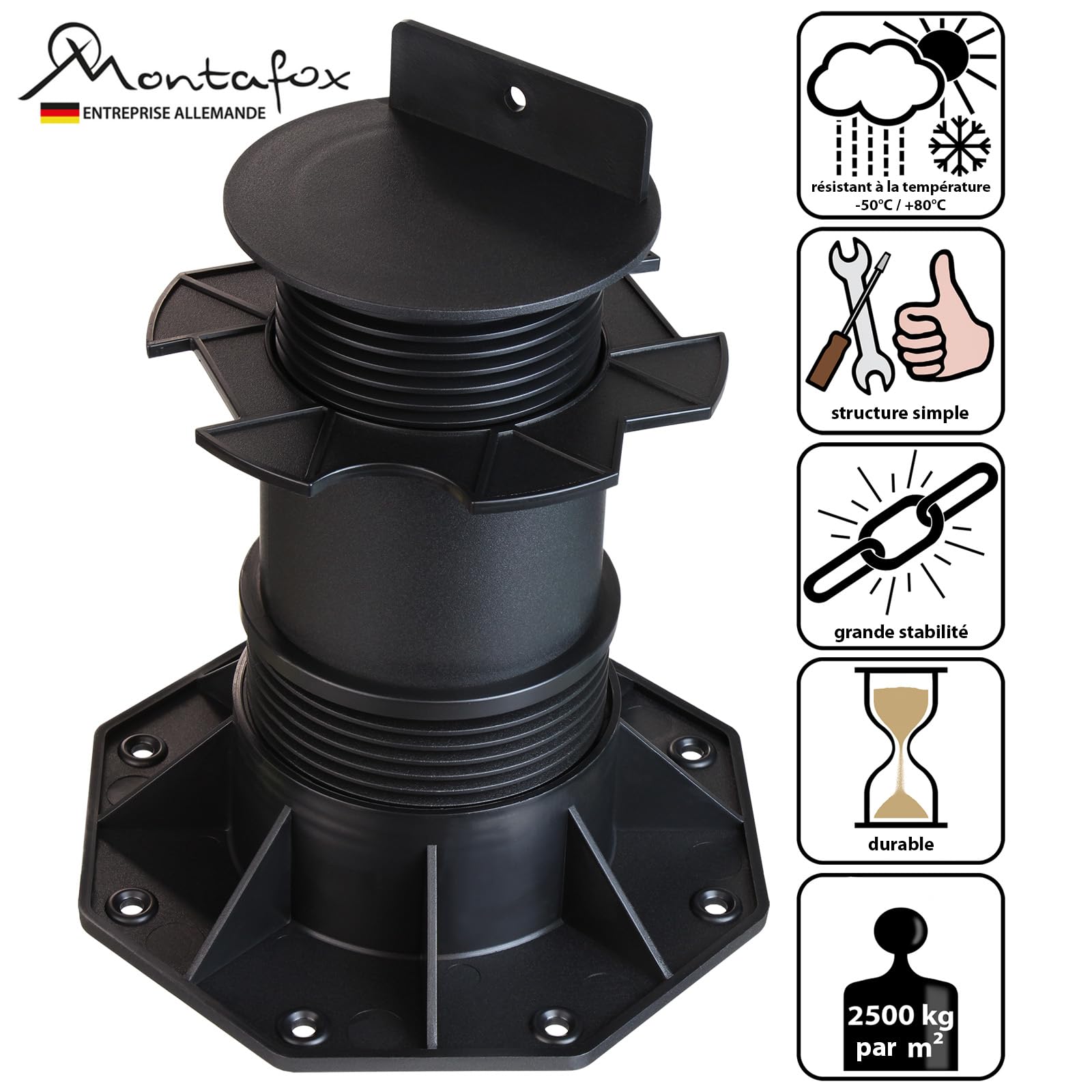 Montafox 10 x Plot Réglable 18-220 mm Support Terrasse WPC Bois Pieds
