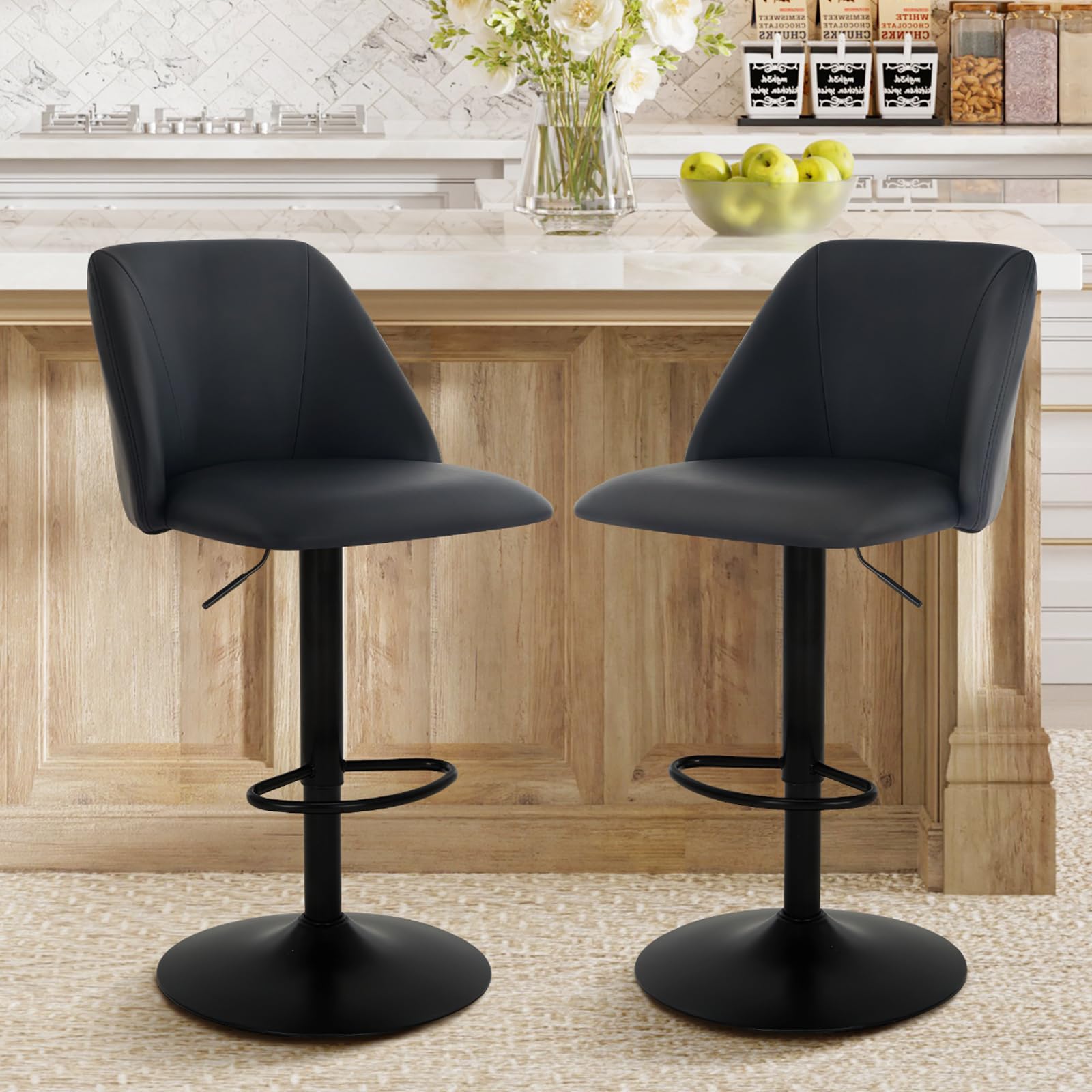 COLAMY Bar Stools Set of 2, Modern Swivel Bar Chairs, Adjustable PU Leather Upholstered Barstools Counter Height with Full Backrest for Bar, Dining Room, Kitchen Island, Black