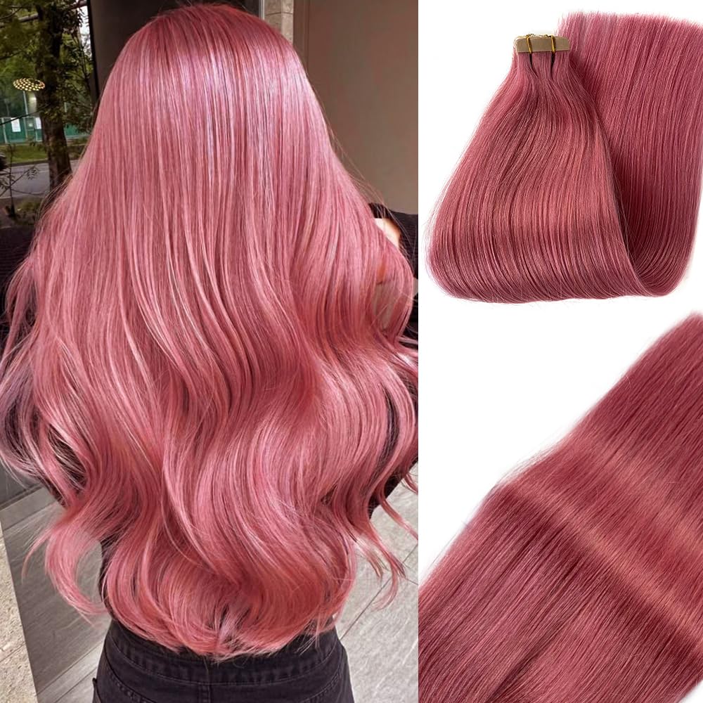 Pink Tape in Human Hair Extensions 18Inch Tape in 100% Real Human Hair Extensions Sided Seamless Skin Weft Soft Silky Grey Pink Straight Remy Hair for