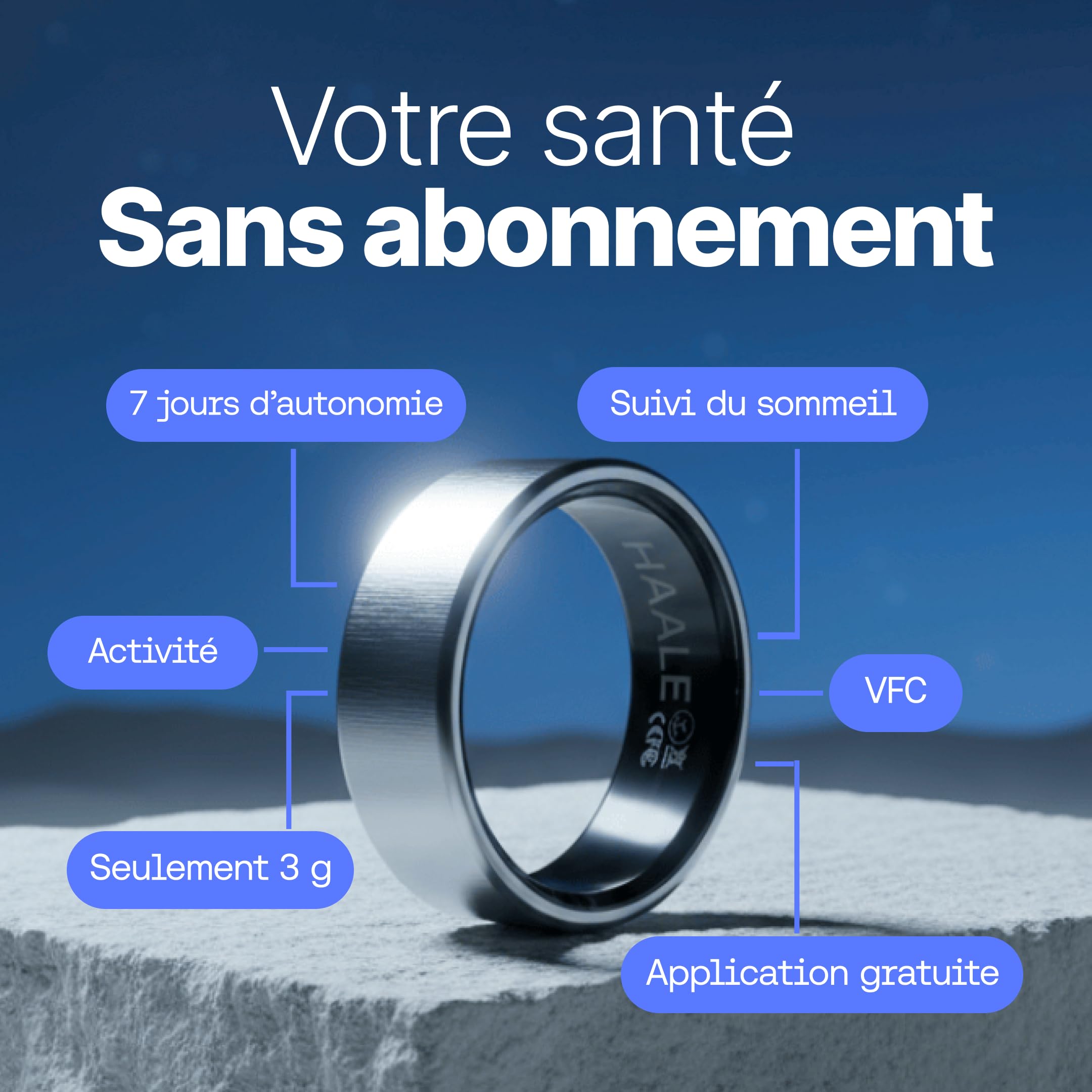 HAALE Bague Connectée Tracker Fitness Acier Inoxydable Homme Femme | Bluetooth 5.0 vers Android et iOS; étanche IP68; suit sommeil, stress, cycle menstruel; inclut l'appli HAALE gratuite