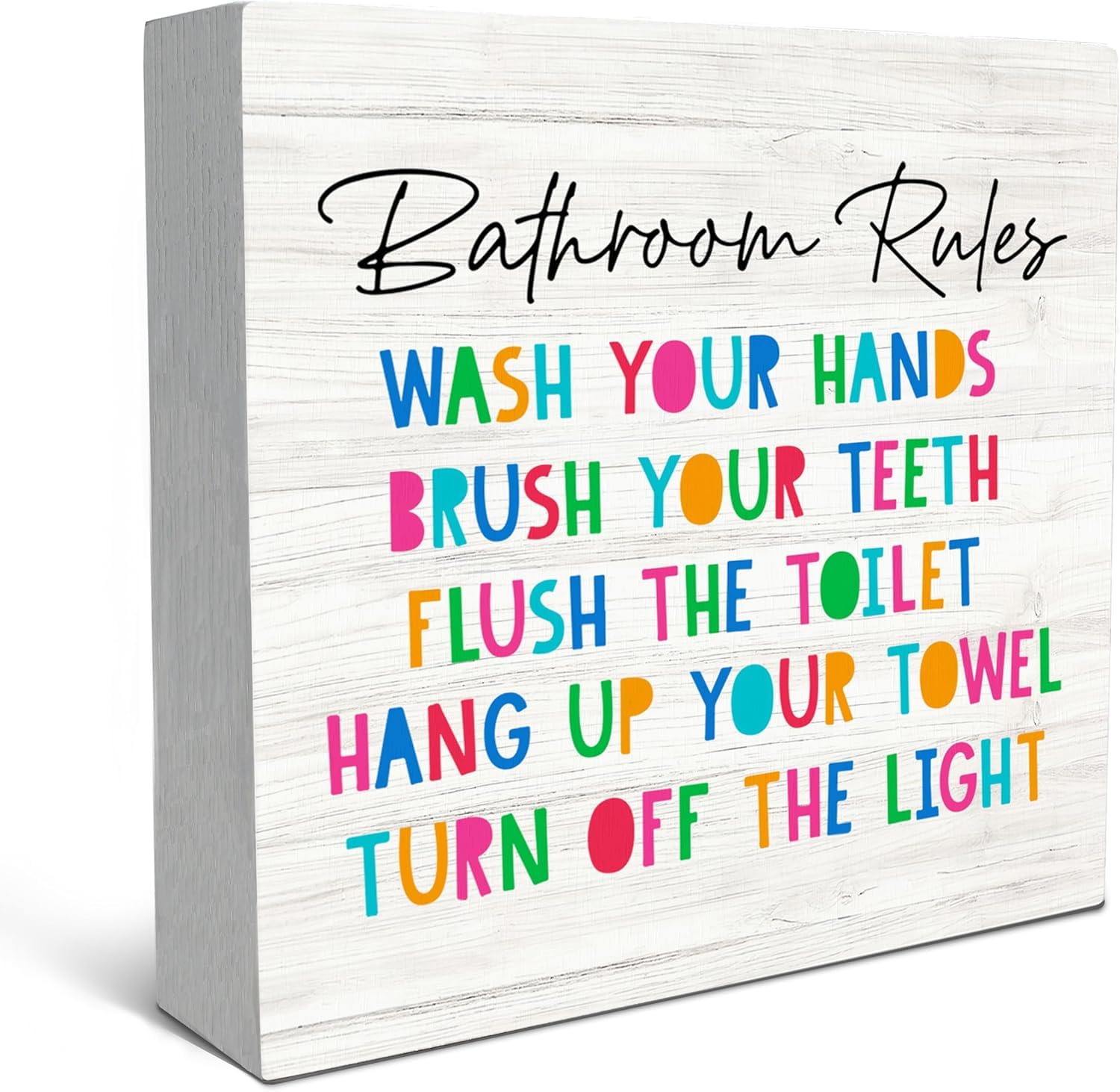Bathroom Rules Box Sign 5x5 Inch Rustic Wood Tabletop Decor