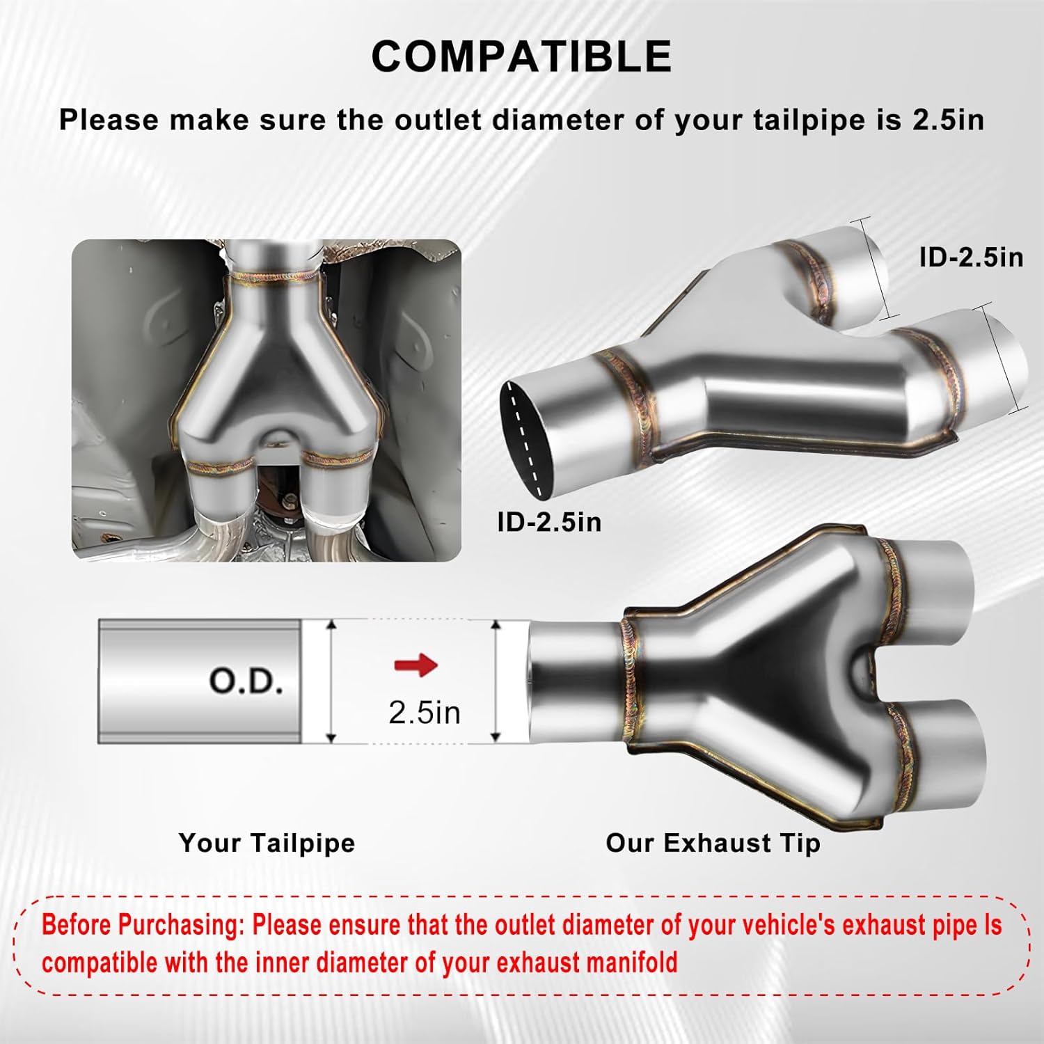 Mupera 2.5 Inch Exhaust Y Pipe, 2.5" Single to 2.5" Dual Exhaust Adapter Connector, Universal 10 Inch Long Weld-On Stainless Steel Diesel Y Pipe for Car Truck