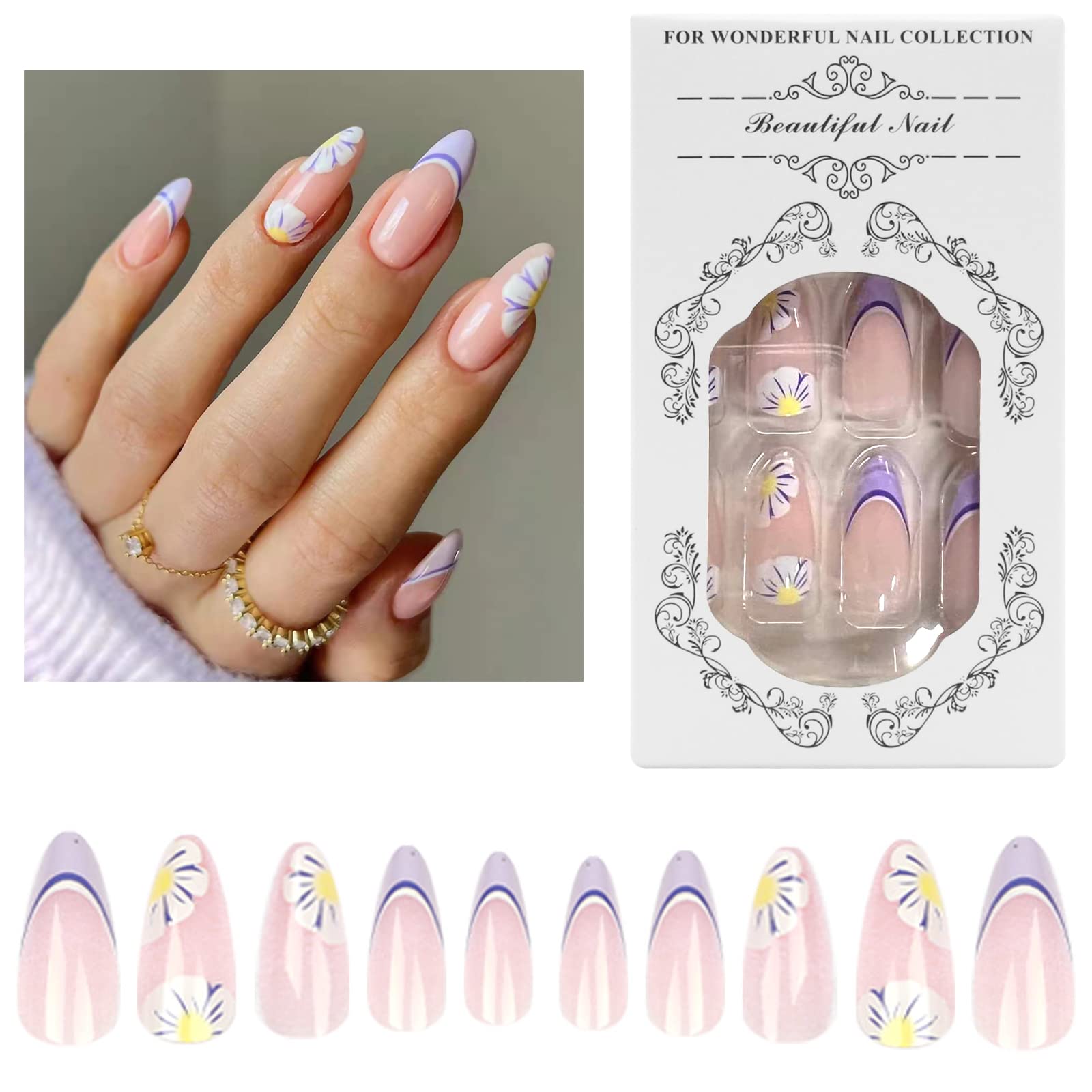 Yfulfill Square Press On Nails Medium Length, White French Tip Press On Nails With Gold Star Decoration