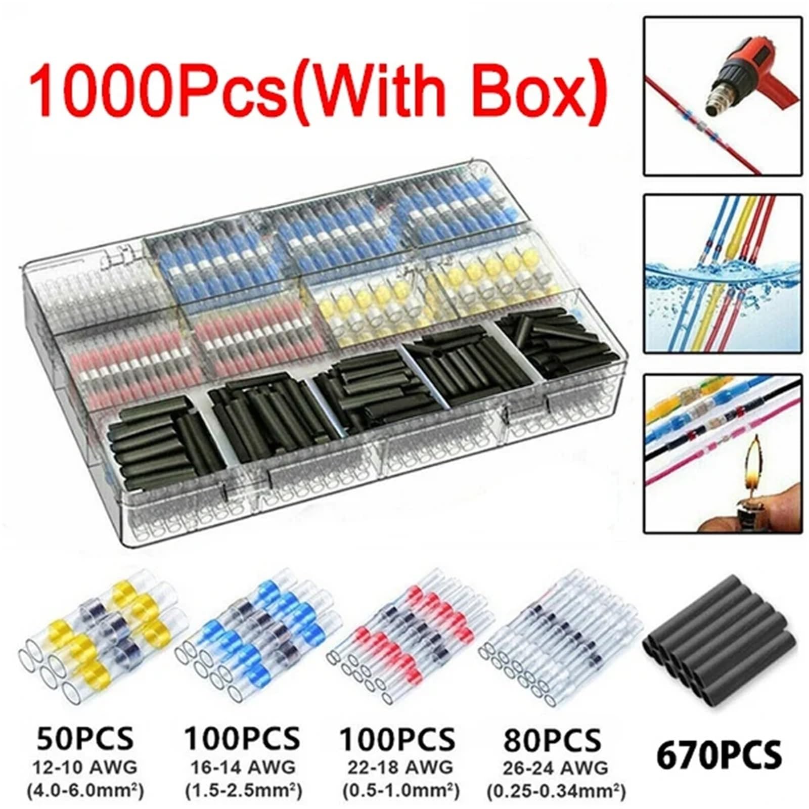 Wärmeschrumpf Stoßverbinder 50-1000Pcs Solder Dichtung Draht Anschlüsse Schrumpf Butt Connector Kit Auto Marine(1000pcs)