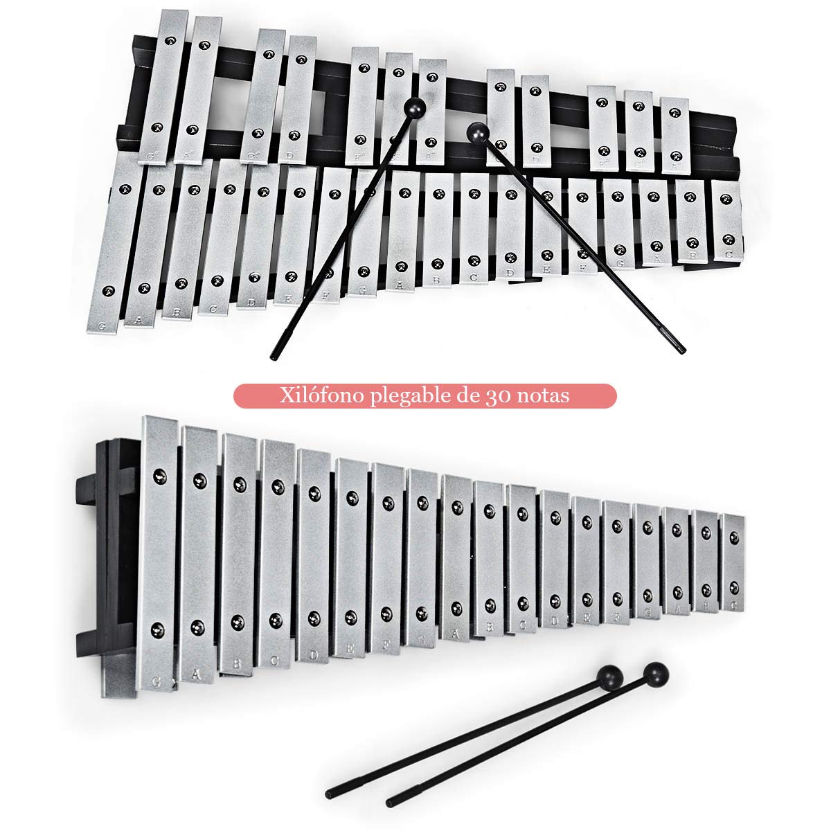 COSTWAY Glockenspiel Xilófono con 30 Notas, Instrumento de Percusión de Madera, Percusión de Mano Plegable con 2 Mazos Estuche, y Bolsa de Transporte Ideal para Niños y Adultos, Blanco y Negro