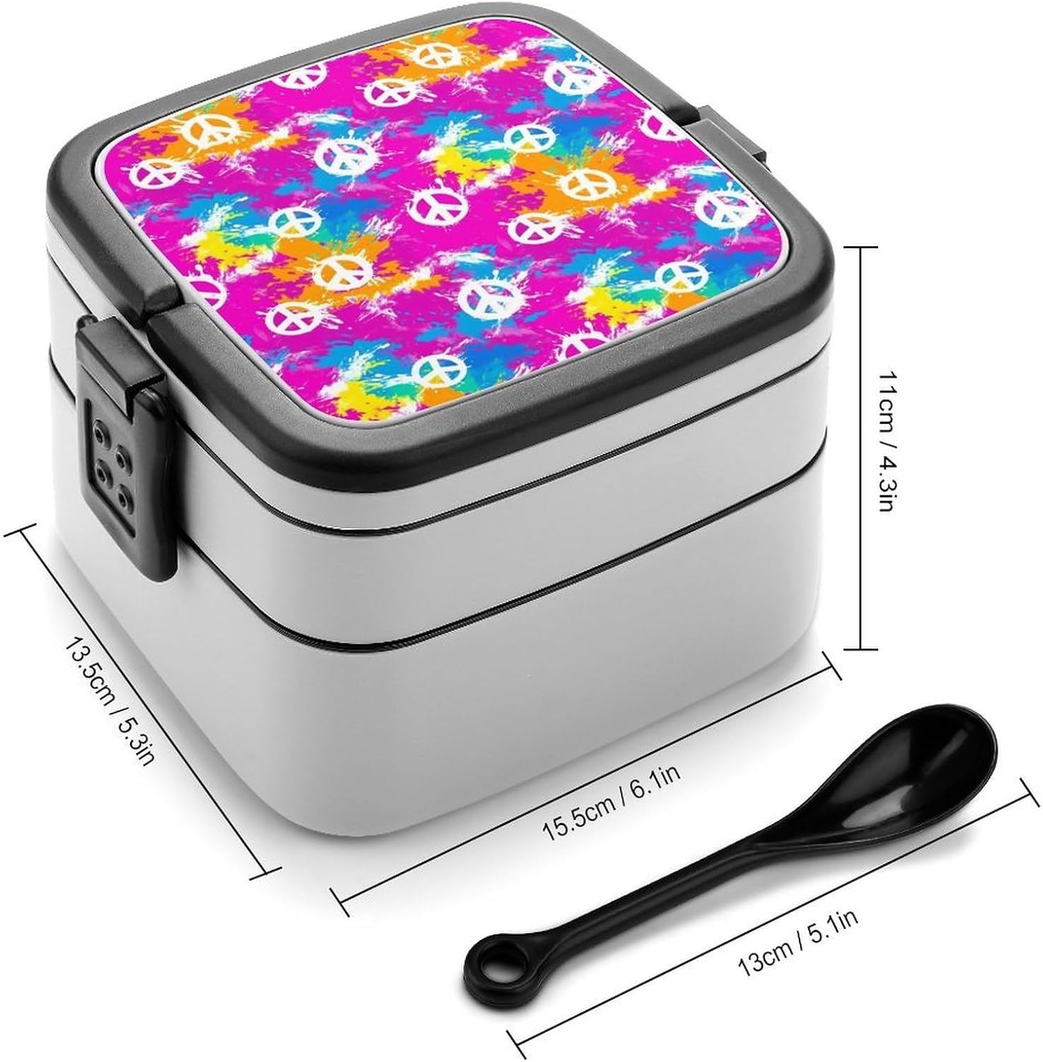 Tie-dye Peace Bento Box with Spoon 2 Layer Food Container Cute Lunch Box for Travel Dining Work