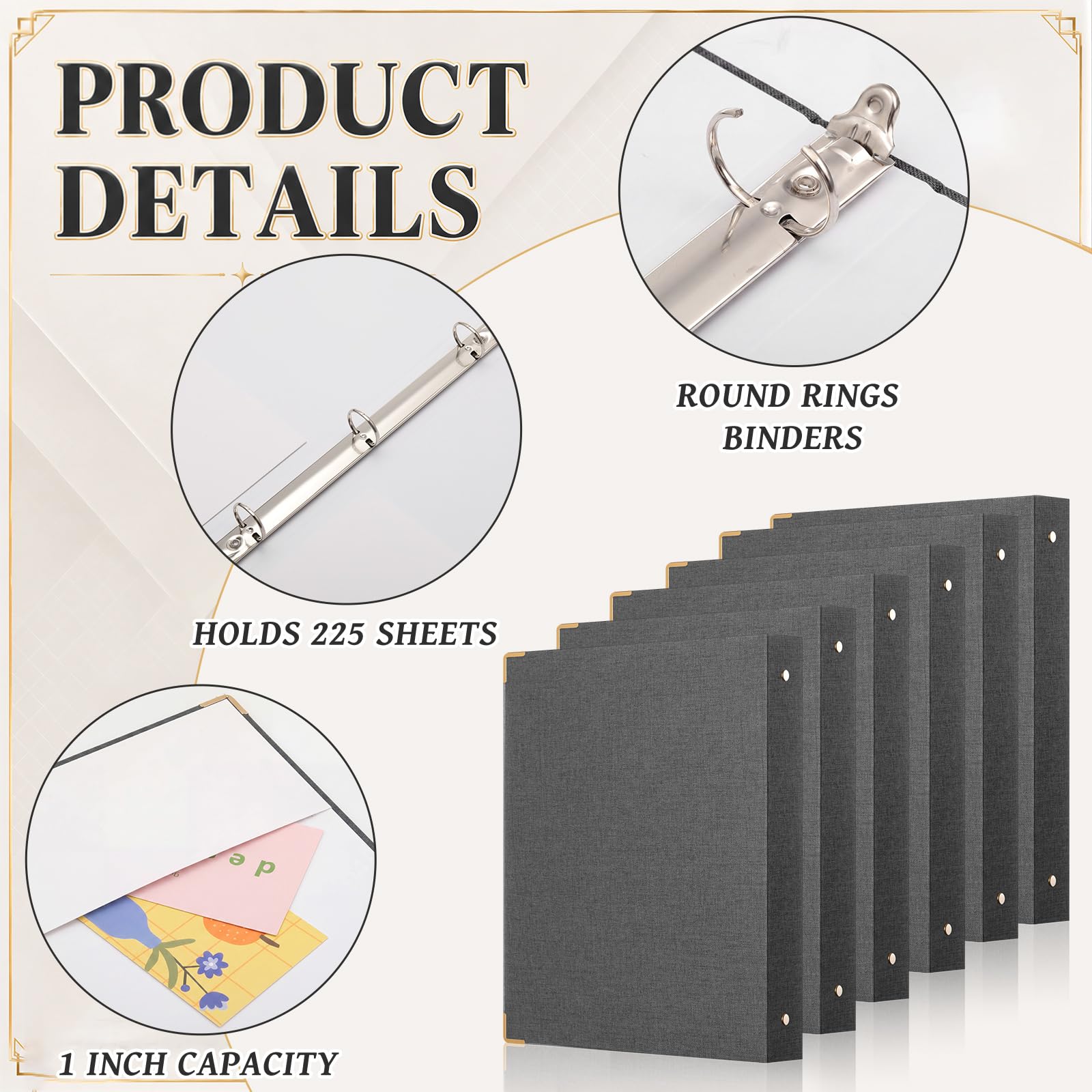 Fulmoon 6 Pcs Aesthetic 3 Ring Binders with Linen Cover 1 Inch Round Rings Binder with Inner Pocket 8.5 x 11 Binder Fits Letter Sized Durable for School Office and HomeDark Gray product thumbnail 5