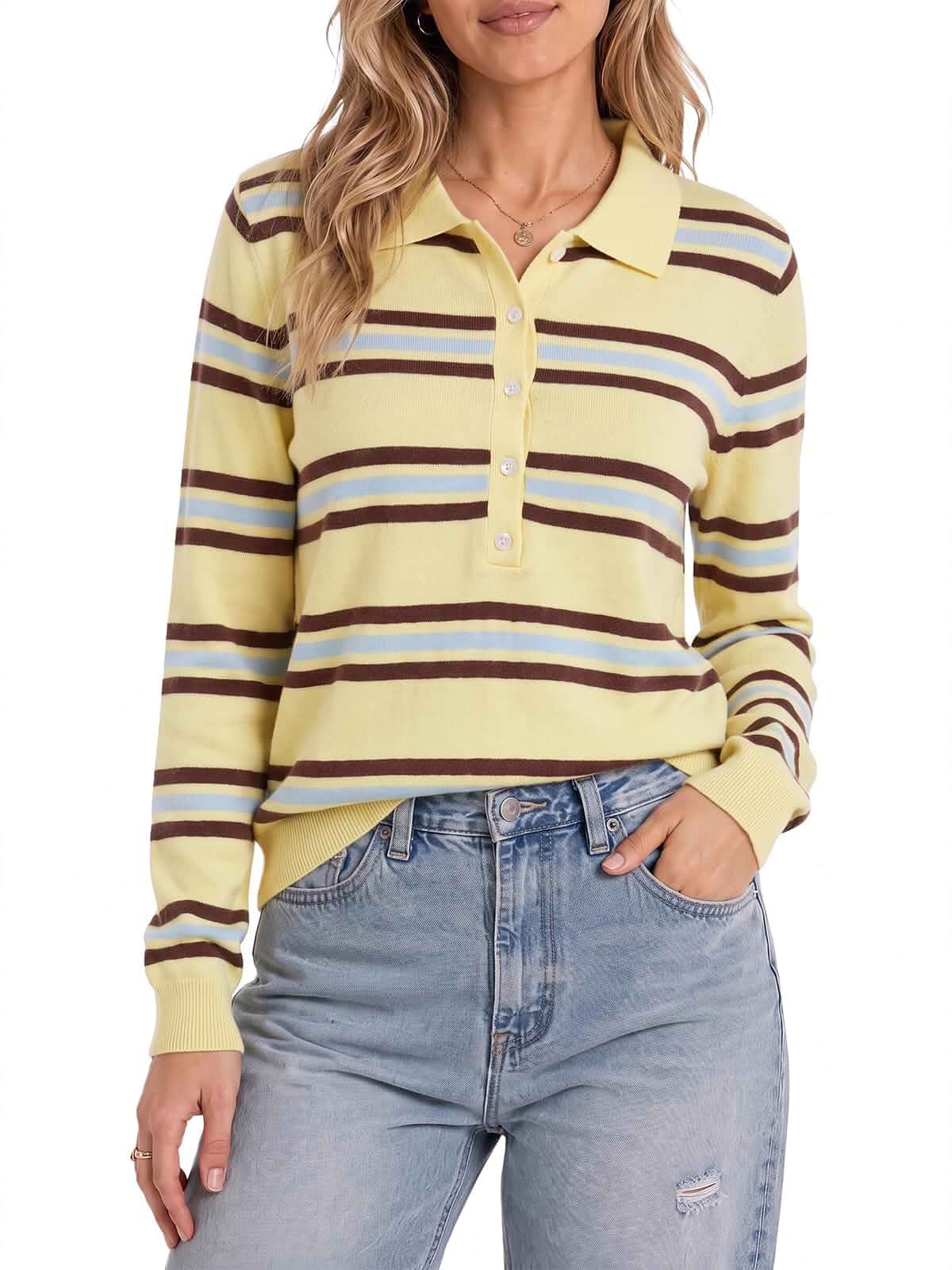 Imily Bela Polo Shirts For Women Long Sleeve Striped Fall Knit Sweater Polo Collar,Half Button Down,Ribbed Cuffs & Hem,Trendy Fashion Clothes