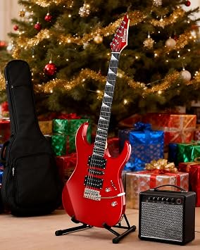 Electric guitar ST single shake adult beginner beginner rock professional performance electric guitar set-D150 with guitar bag, strap, picks, tuner, canble and strings (Red)