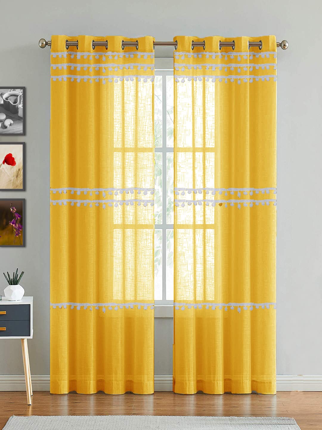 HOMEMONDEExclusive Solid Cotton Linen Sheer Curtain Set for Window 5 Feet, Linen Textured, Light Filtering, Multi Pompom Drapes with Eyelet, Mustard