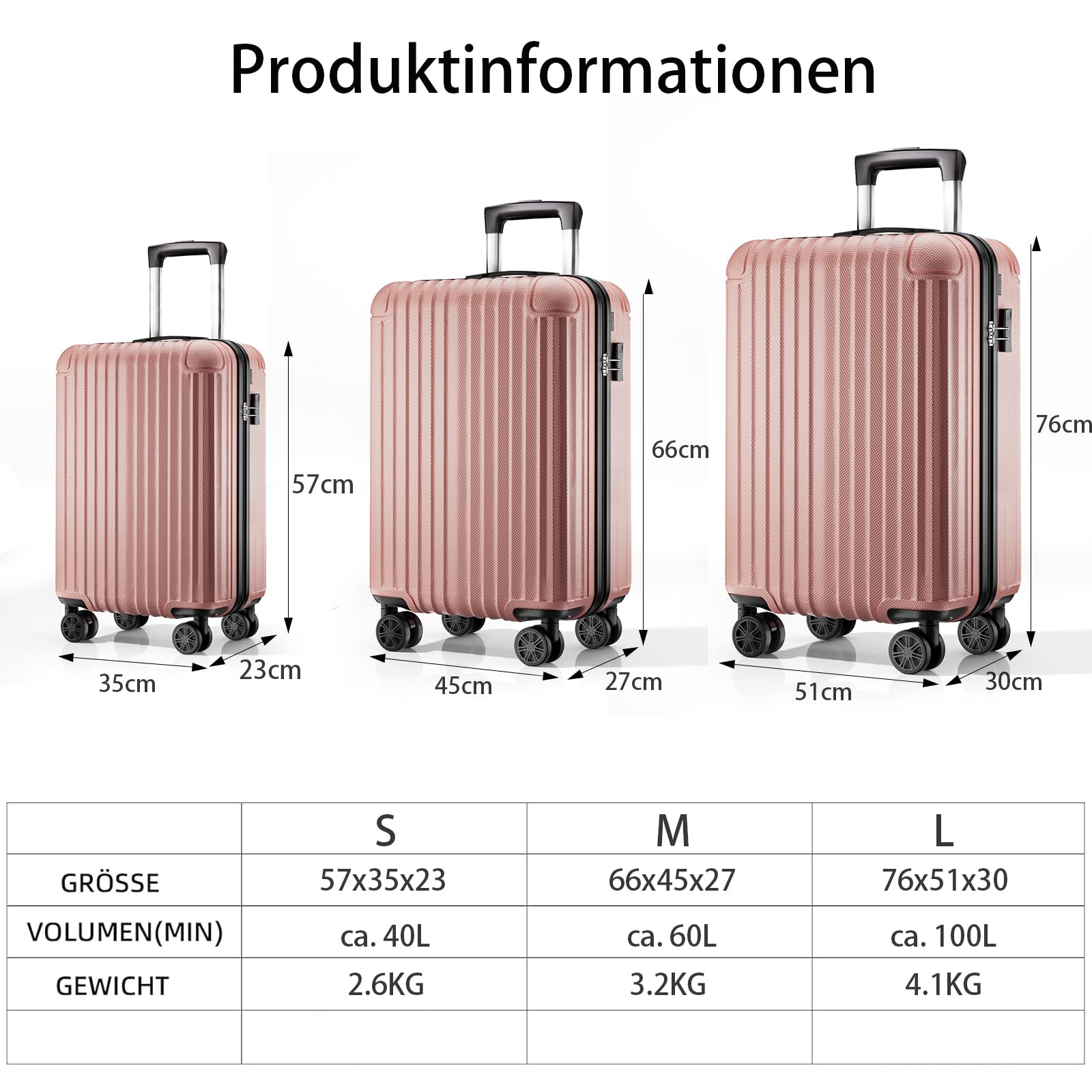 Voyager Handgepäck Koffer 55x35x23cm, Hartschalen Koffer & Trolleys klein, leicht Reisekoffer mit 4 Rollen, Zahlenschloss, Rosenrosa