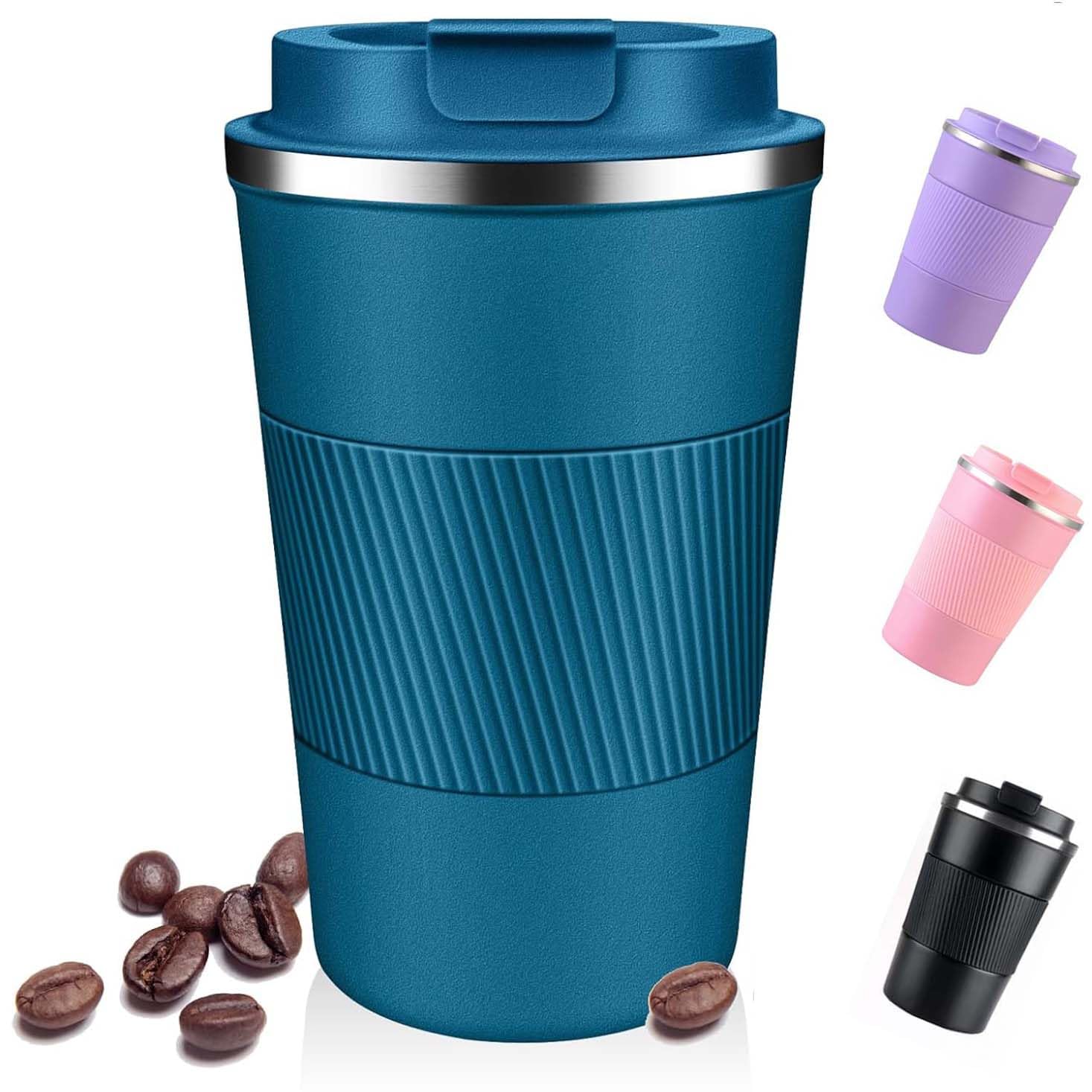 AidShunn Travel Mugs, 380ml Insulated Coffee Cup with Leakproof Lid - Reusable Double Walled Coffee Mug, Stainless Steel Thermal Cup for Hot Cold Drinks, Water and Tea (Blue)