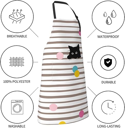 Miniatura 6 de Perinsto Delantal impermeable con 2 bolsillos, diseño de gato divertido con fondo a rayas, para cocinar, hornear, pintura, jardinería, aseo
