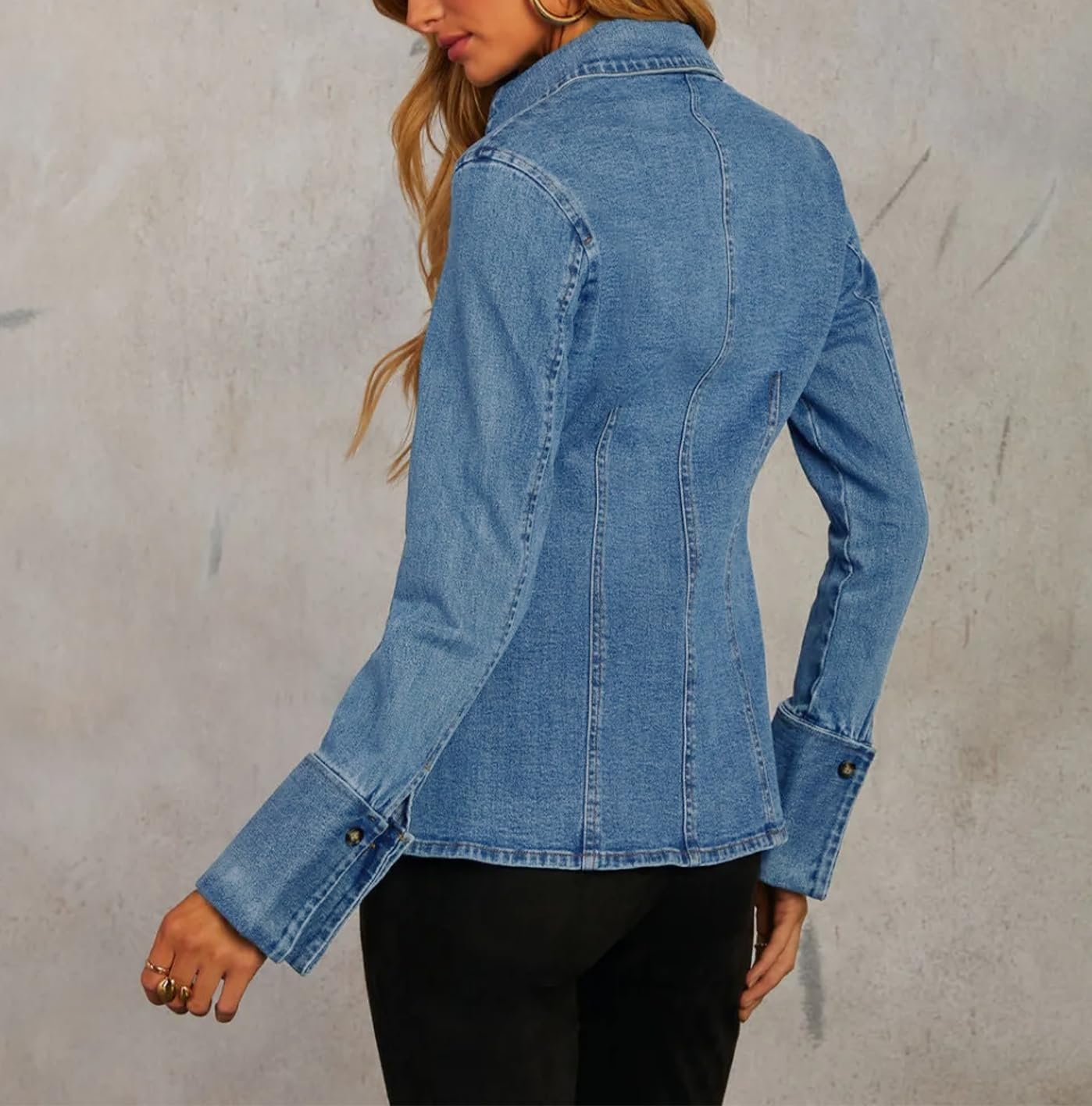 Denim Shirt Tops for Women Button Down Slim Fitted Long Sleeve V Neck Lightweight Jean Jackets - Image 3