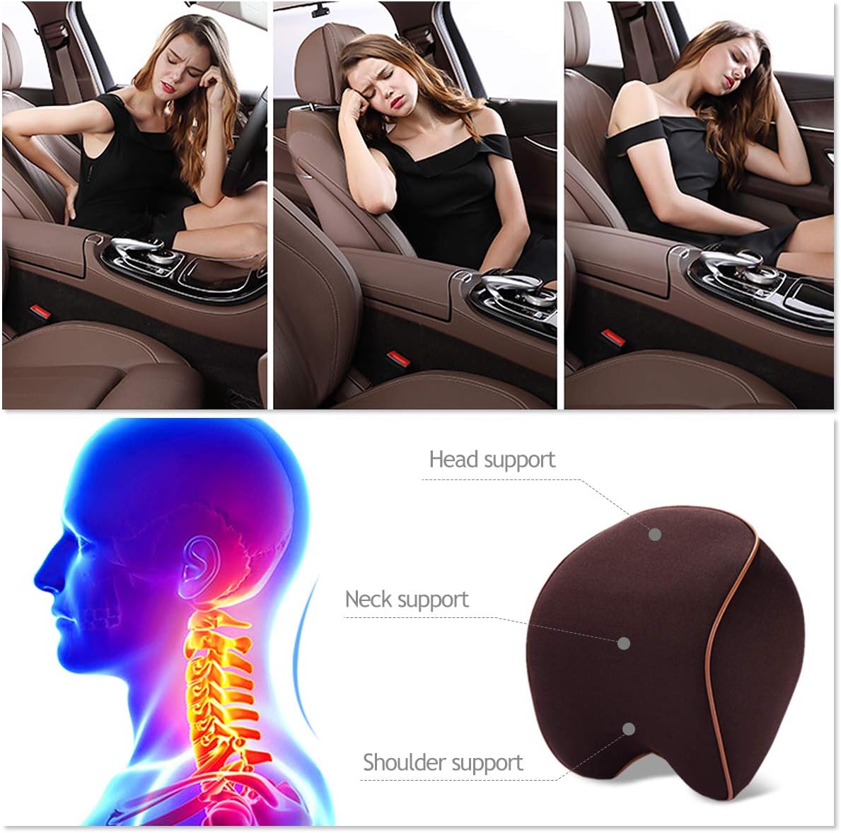 Ergocar Neck Pillow with Memory Foam Prevent and Relieve Neck Pain Support for Car, Home,Office Chair, 1 Pack(Brown)