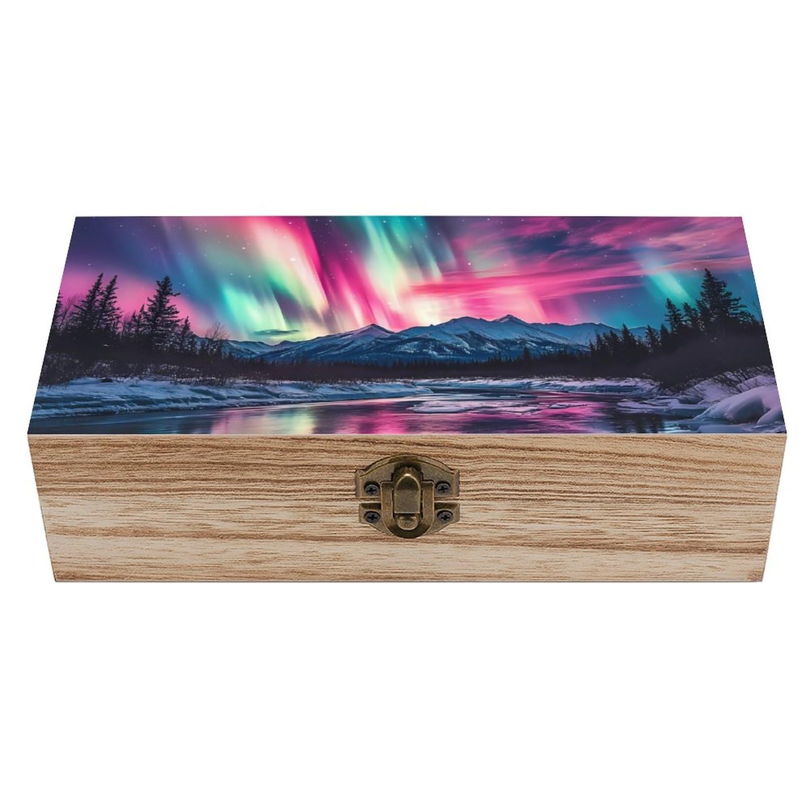 HLBSDM Northern Lights Red Blue Green Wooden Storage Box with Lids Fashion Graphic Keepsake Treasure Box Jewelry Organizer Home Decor