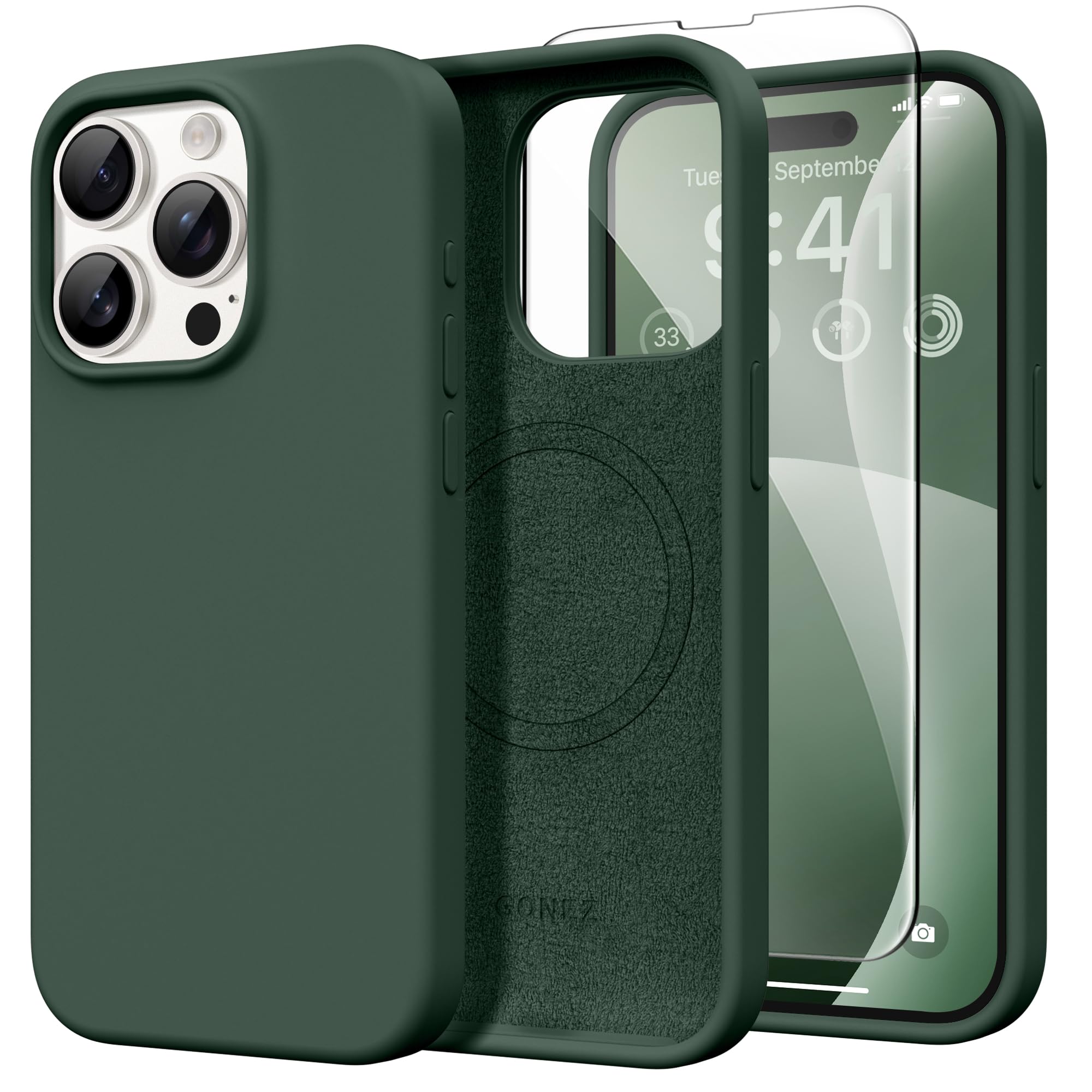 GONEZ Magnetic for iPhone 15 Pro Case, Silicone Cover Dark Green