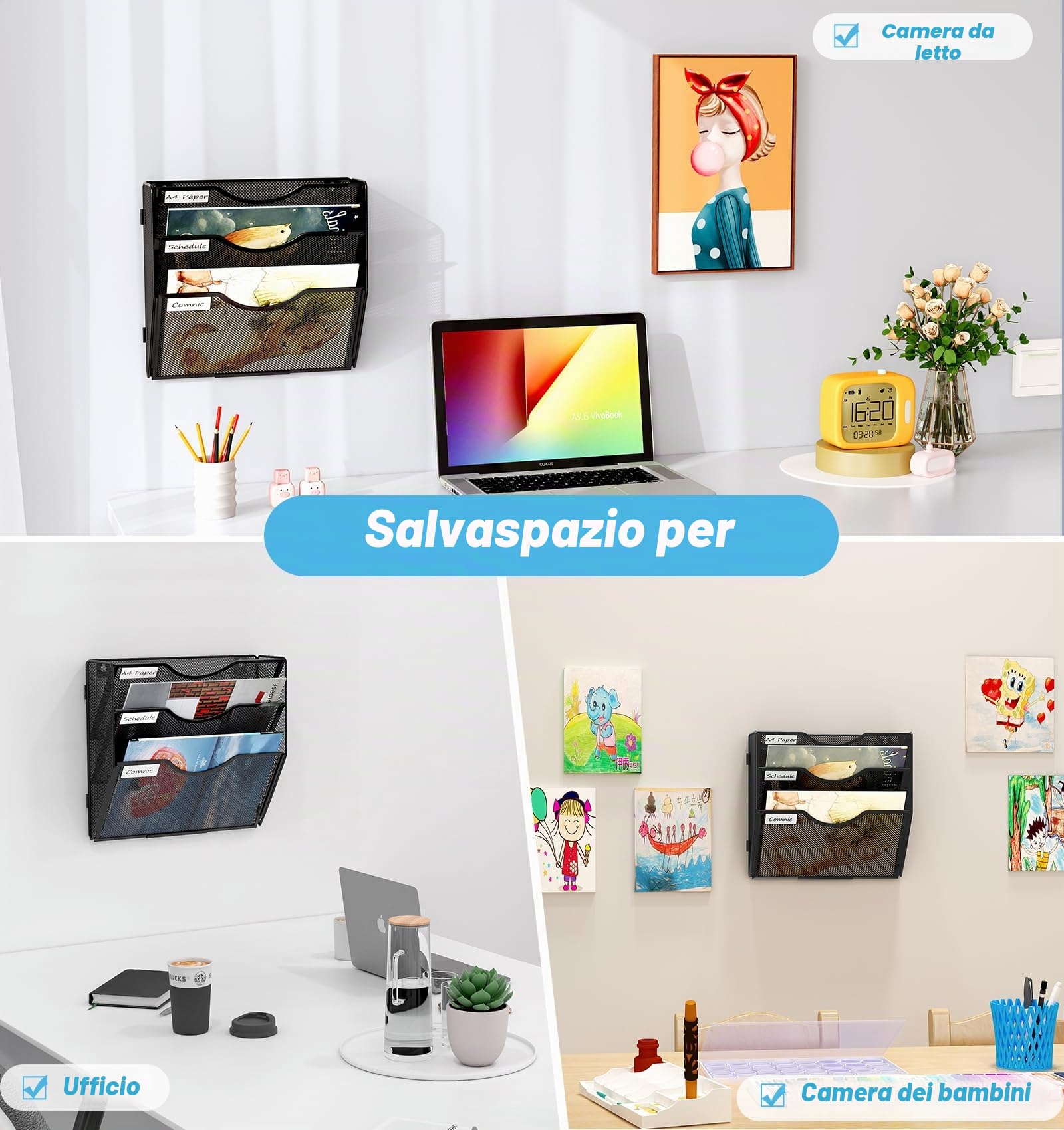 Organizer Documenti da Parete 3 Livelli con Portariviste A4 - Metallo Schedario Ufficio Multifunzione, Portabrochure per Casa e Scuola - Nero