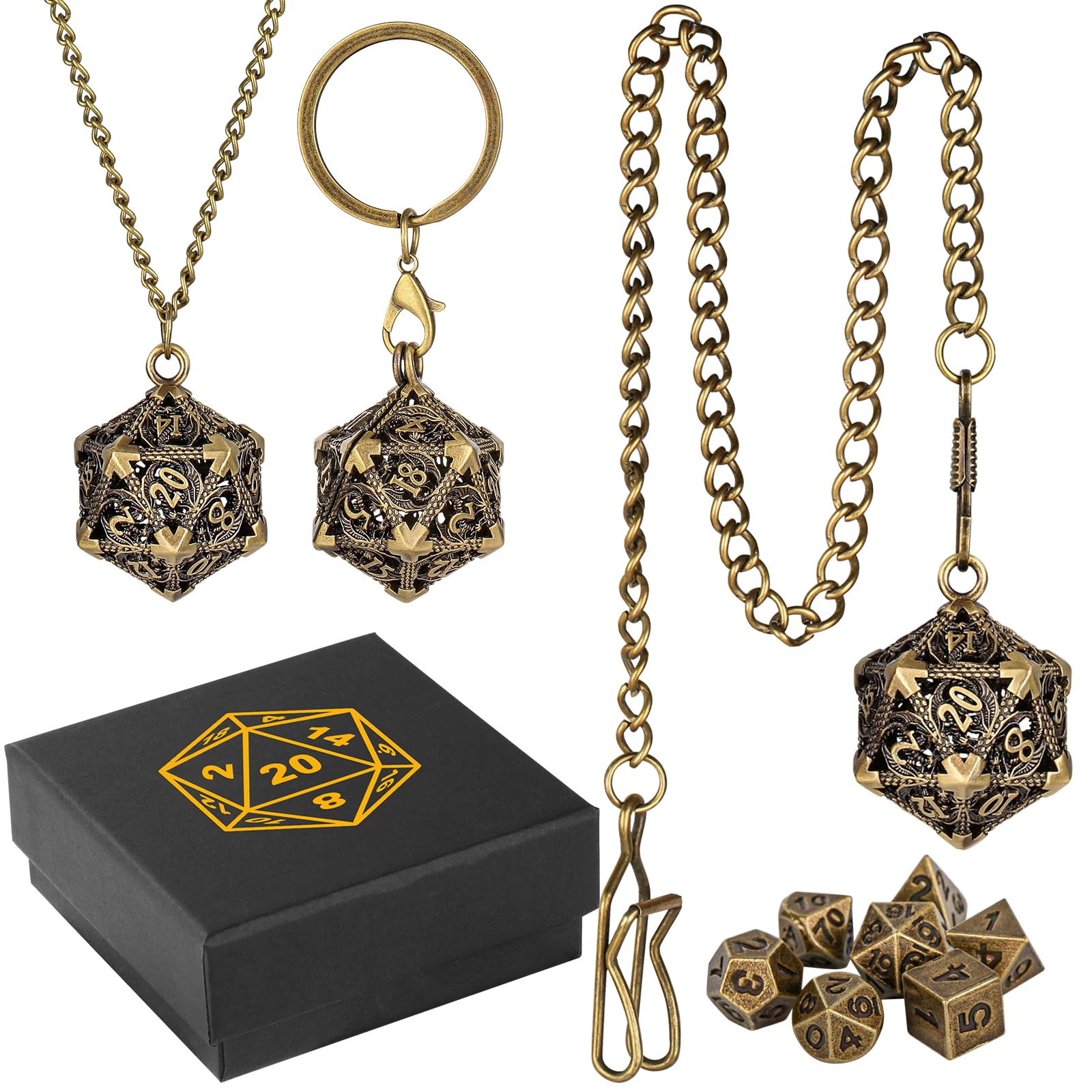 Mini DND Dice Set including Portable Keychain Necklace Pocket Chain Hollow D20 Metal Case - Image 2