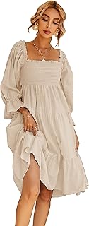 R.Vivimos Women's Summer Cotton Plaid Puff Sleeves Bow Casual Off-Shoulder Boho Midi Dress - Buy now