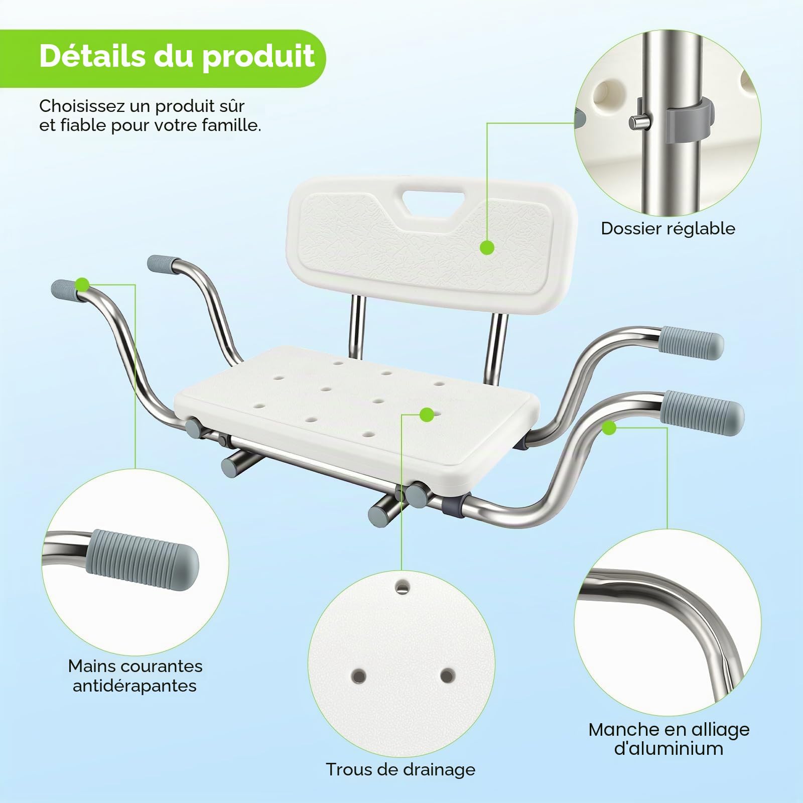 Siège Baignoire Adulte avec Dossier Amovible, Planche de Bain pour Baignoire réglable 76-86 cm, Pieds antidérapants, Charge Max 150 kg – Idéal pour Personnes âgées