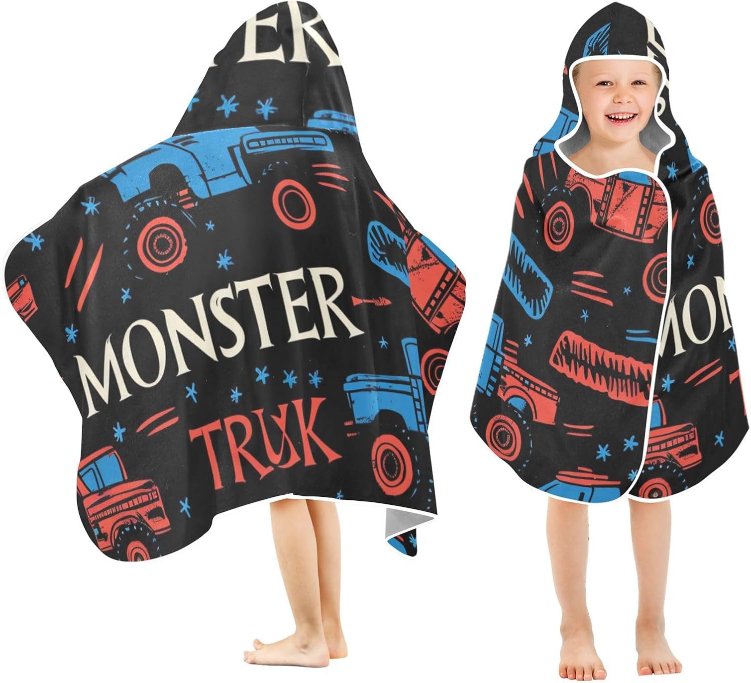 Hooded Towels for Kids Toddler Beach Towel Baby Personalized Bath Poncho Swim Pool Towel Bathrobe Soft Absorbent 23.5"X 50" Monster Trucks Black