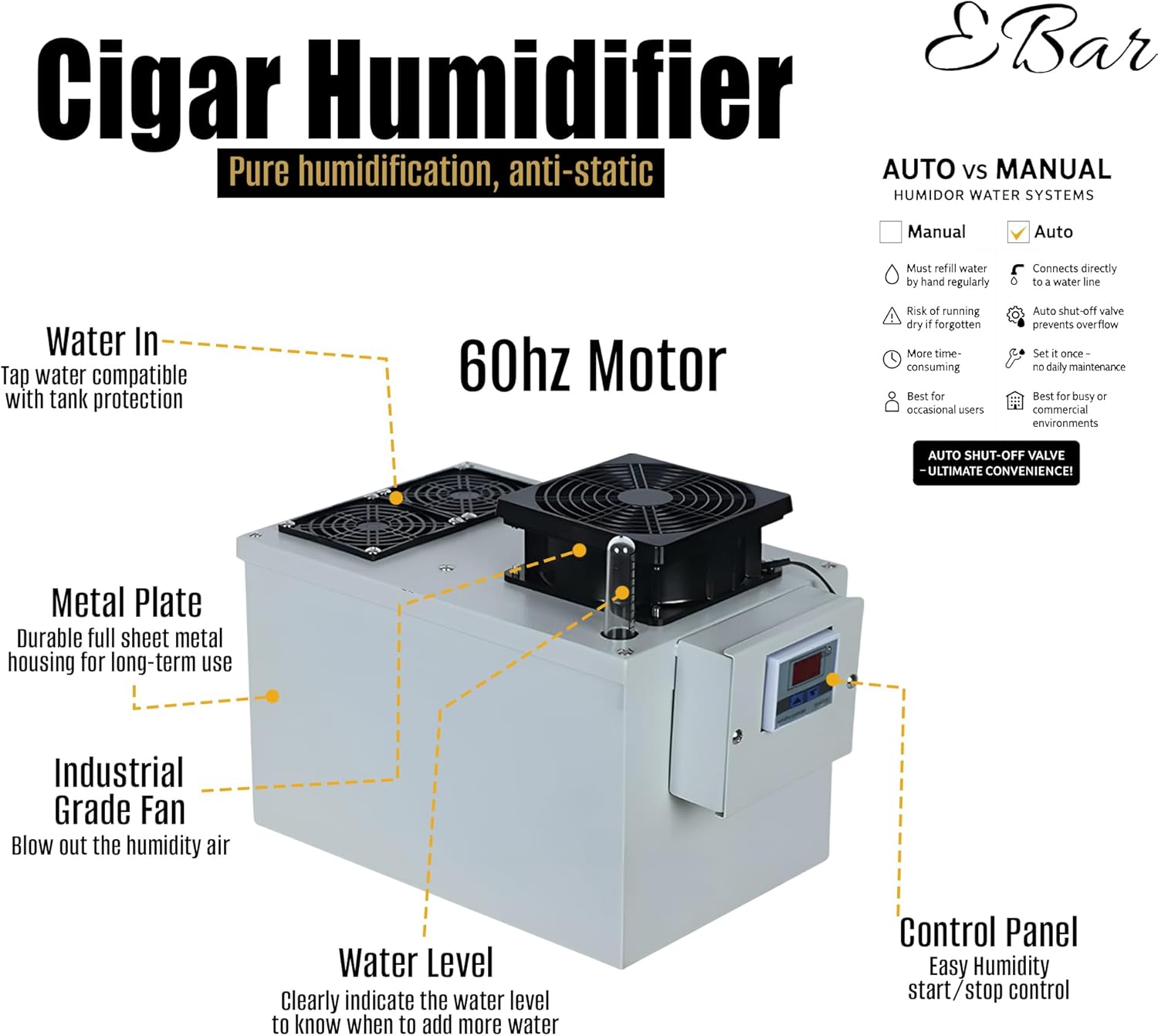 Your Elegant Bar Cigaroze EB-100 Cigar Humidor Humidifier — Industrial Grade Fan, LCD Display, Stainless Steel Build — Preserves Flavor & Freshness in Large 10-70 Cu Ft Cigar Humidors