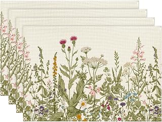 Artoid Mode Spring Wildflower Placemats Set of 4 - 12x18 Inch Antique Herbs Table Mats for Kitchen Dining Party Decor