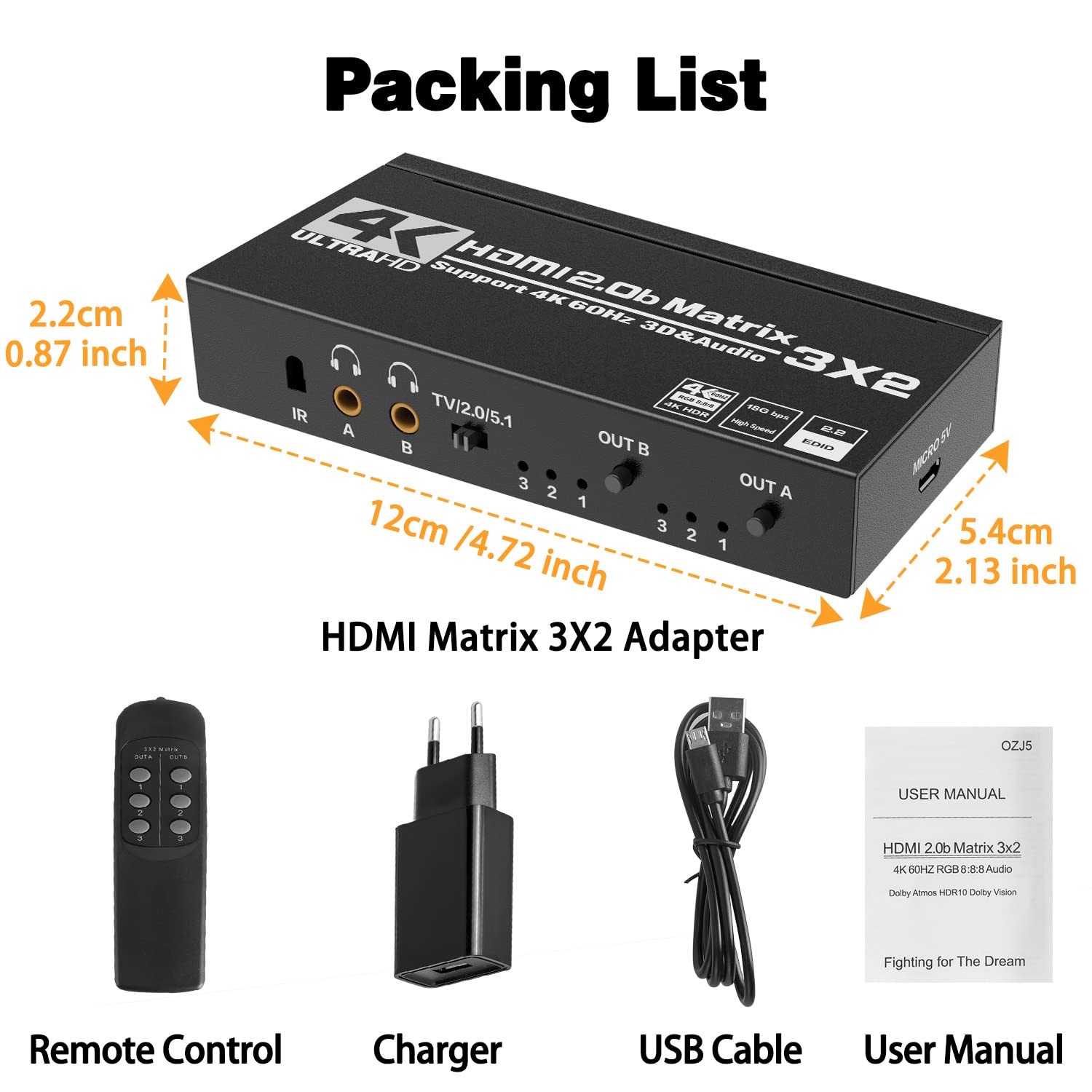 Tendak HDMI Matrix 3x2, 4K@60Hz, commutatore HDMI Matrix 3 In 2 Out + estrattore audio ottico Spdif e 3,5 mm stereo con telecomando IR, supporta HDCP 2.2 HDR 3D