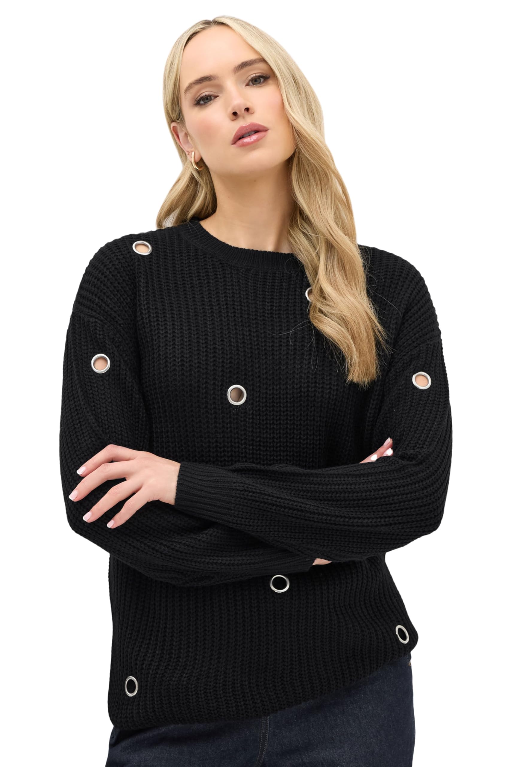 Long Tall Sally Black Eyelet Jumper - Crew Neck - Long Sleeve - Size 8-10