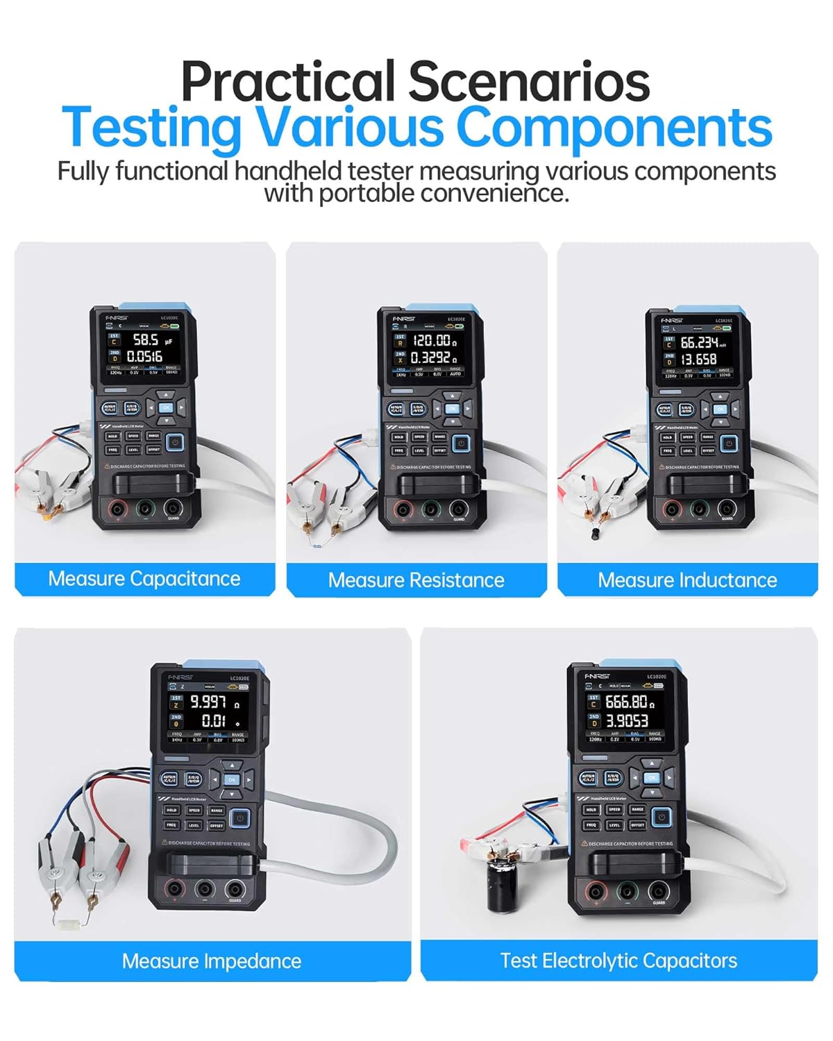 FNIRSI LC1020E LCR Meter demonstrating various measurement scenarios