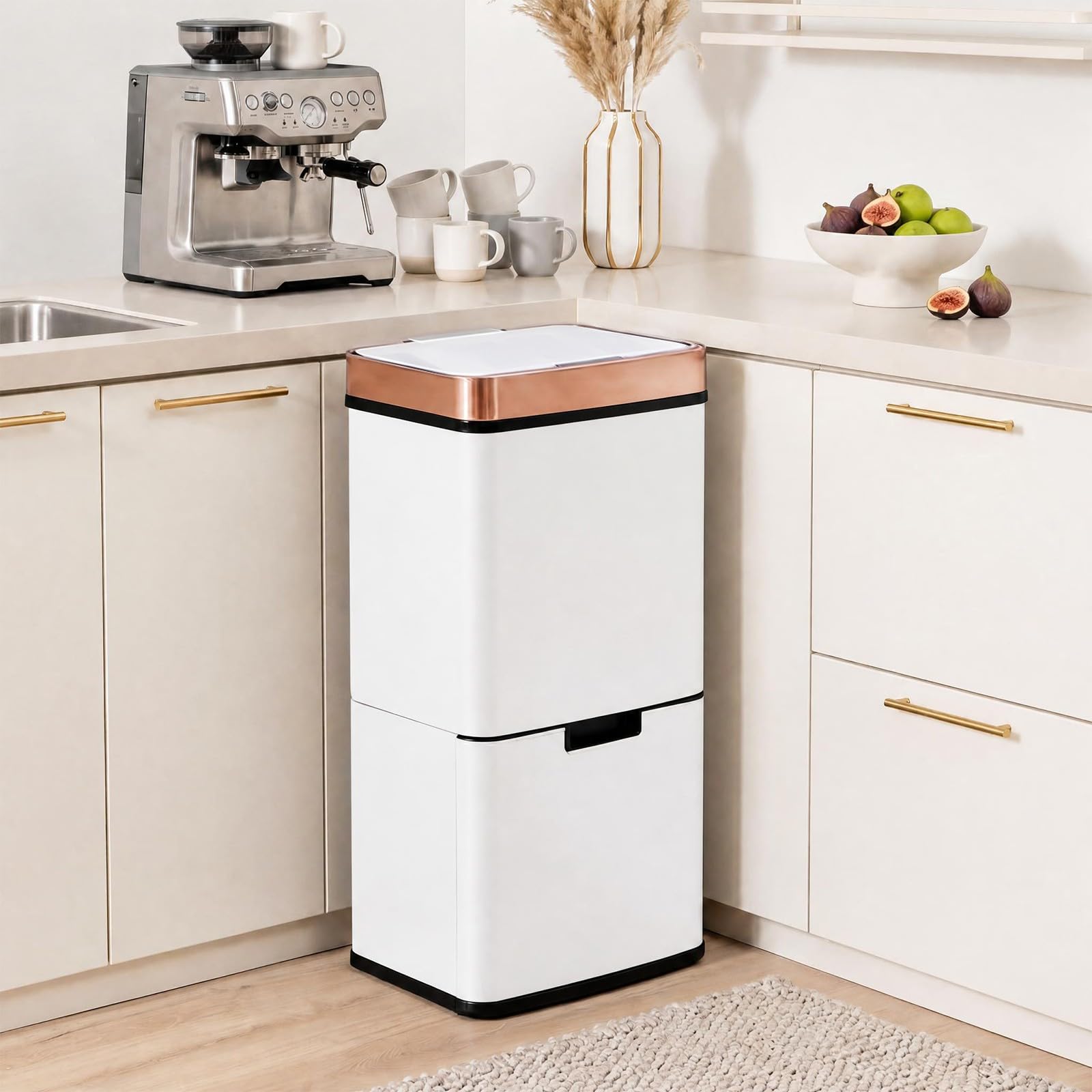 LIFEZEAL 72L - Cubo de basura con 4 compartimentos, recogida selectiva, apertura automática, sensor de infrarrojos, acero inoxidable, cubos diferenciados interiores, cubo de basura, cocina (blanco)