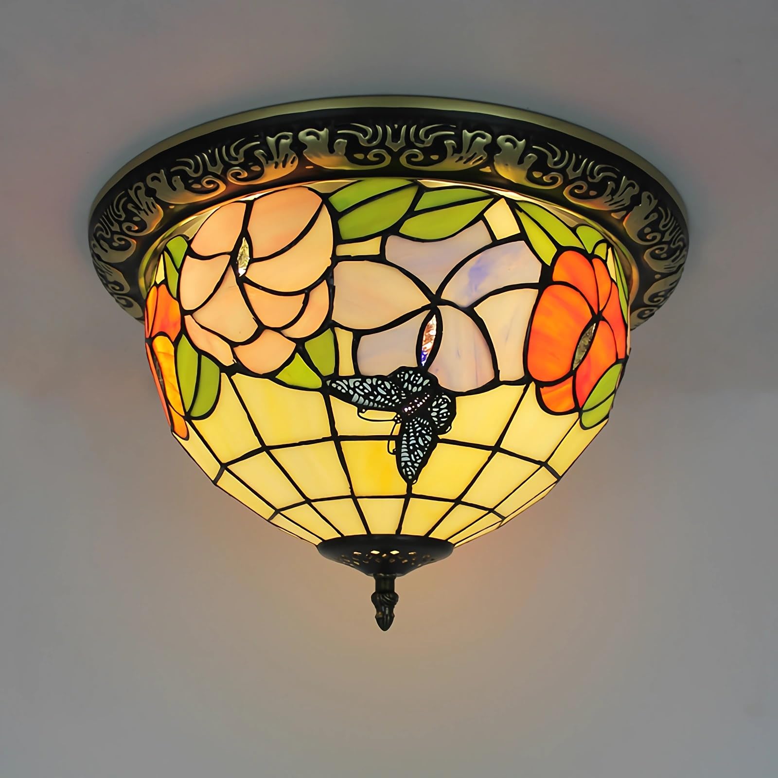 WDBZTJ Tiffany Style Ceiling Light Flush Mount, 15 inch Stained Glass Ceiling Lamp, E27 Bulb, Vintage LED Chandeliers for Living Room Bedroom(C1)
