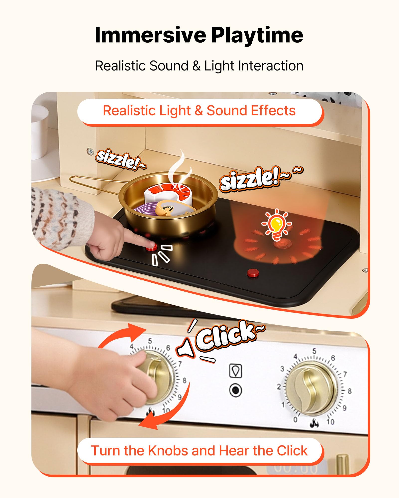 VEVOR Cocina de Juguete para Niños de 3 a 8 Años, Cocinita Infantil de Madera con Luces y Sonidos, Áreas Interactivas, Accesorios, Microondas, Máquina de Hielo, Juego de Cocina con Almacenamiento