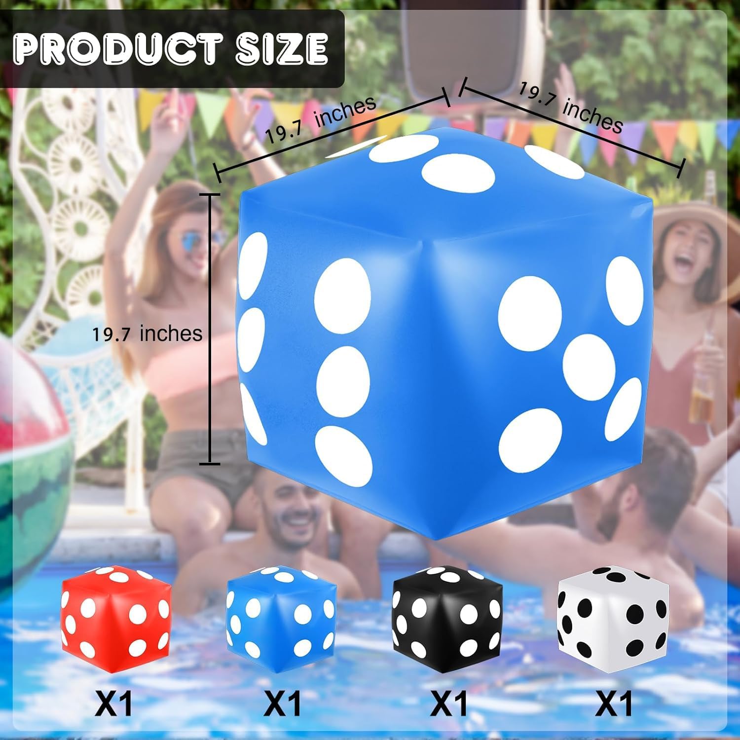 4 Pieces Jumbo Inflatable Dice 19.7 Inch Giant Inflatable Dice Multicolor Large Fun Game Toy for Indoor Outdoor Lawn Swimming Pool Party Board Game (White, Black, Blue, Red)