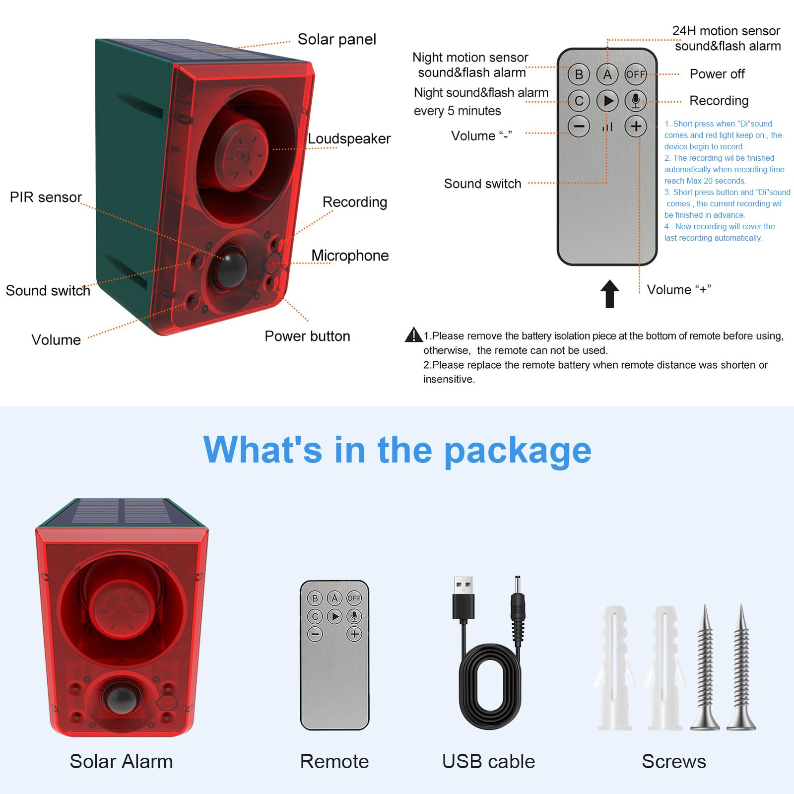 ChunHee Alarma solar con sensor de movimiento para exteriores con sonido de disparo de ladrido de perro, grabación de soporte y volumen ajustable, alarma detector de movimiento de 130 dB con control