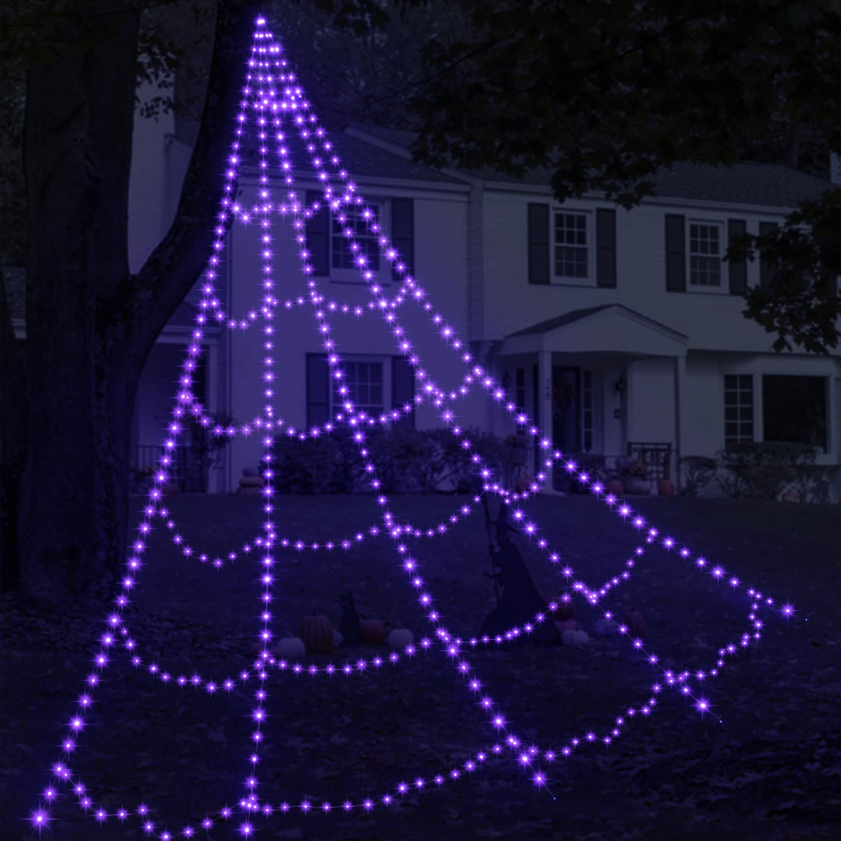 Spider Web Lights for Halloween Decorations Outdoor - 616 LEDs, 8 Lighting Modes, 16.4 Ft Light Up Giant Spider Webs (Purple)