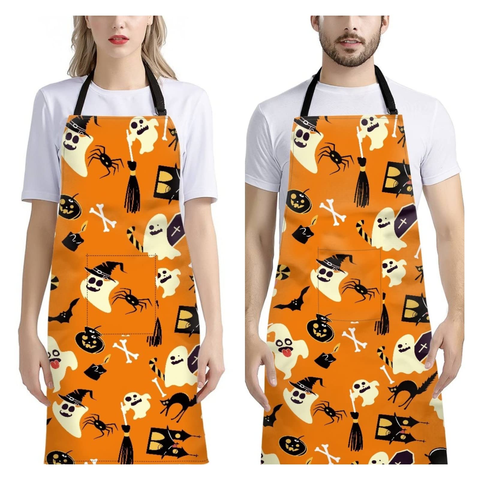 Funny Aprons for Grandma Women 2 Pack Halloween Pumpkin Witch Bat Theme Adjustable Long Apron with Pockets for Cooking Baking Gardening Birthday Apron Gifts for Mom