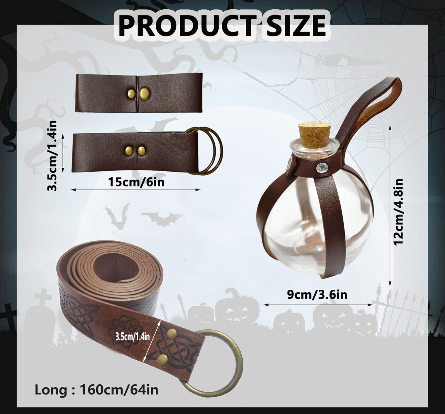 Tahonuss 5pcs Medieval Dress Up Kit Renaissance Knight Costume Decor Accessories Set Including Medieval Viking Belt Leather Belt Skirt Hikes Mug Strap Cork Potion Bottle (Dark Brown, Retro2) - Image 2