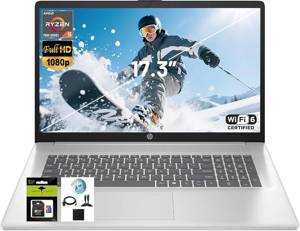 HP Laptop IPS FHD de 17,3 polegadas, AMD Ryzen 5 7520U (Beat i7-1255U) 8 GB DDR5 RAM 512 GB SSD, laptop para estudantes de negócios com Copilot AI Fast Charge Private Webcam Wifi6 Win11, com acessório