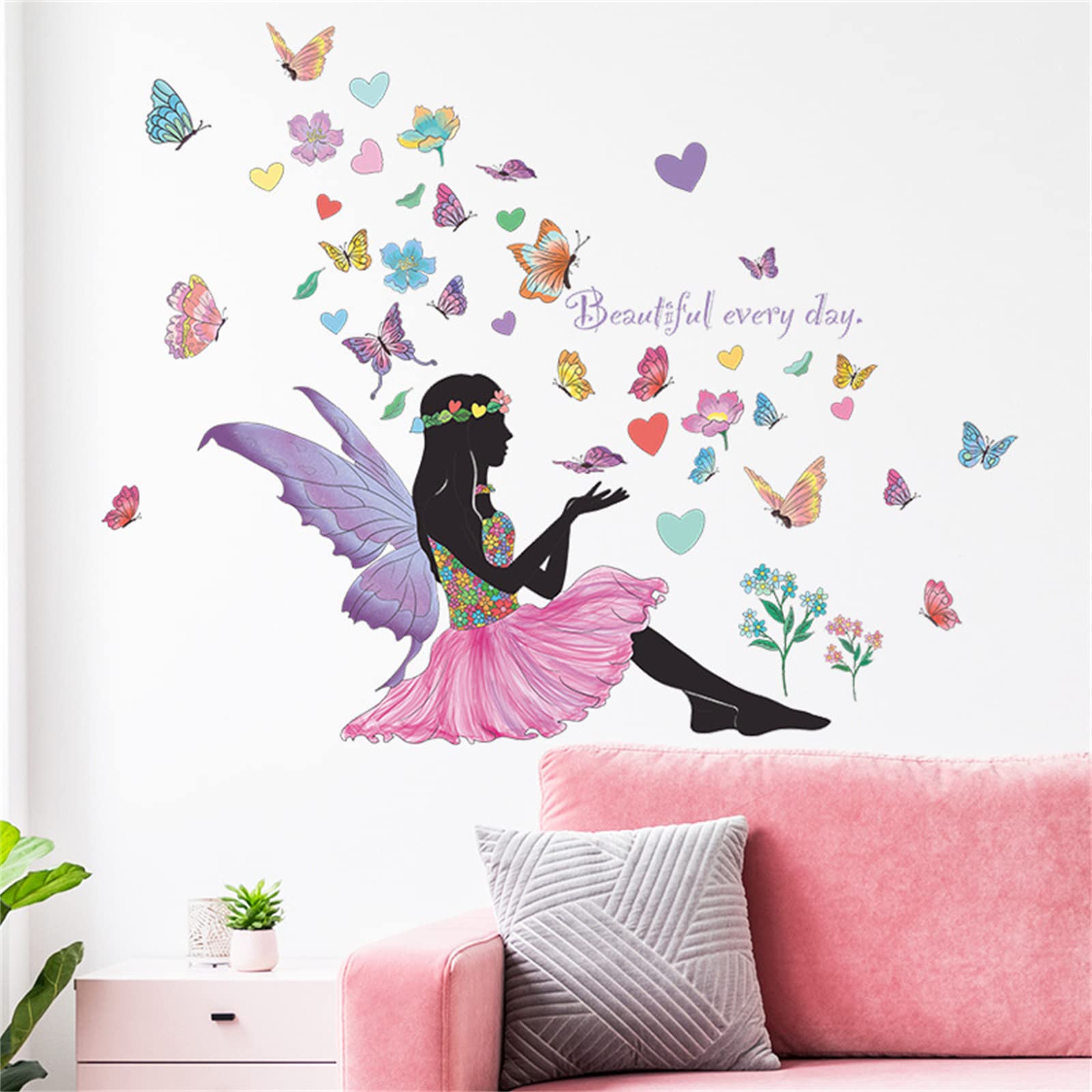 Aazon.co: Butterfly Girl Wall Stickers Flower Fairy Wall Decal Pink...