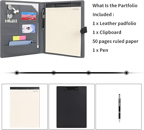 Miniatura 6 de Wason Portafolio Funda de cuero PU A4 con portapapeles, bloc de notas, formularios, archivos de escritura de documentos, planificador de